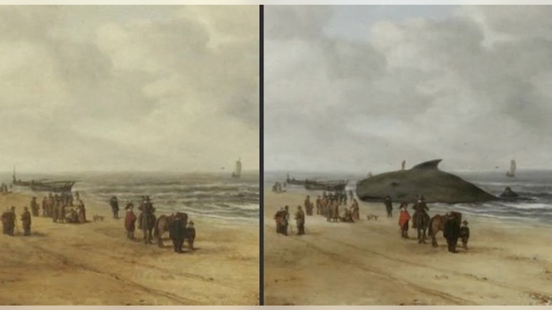 "View of Scheveningen Sands," before and after conservators uncovered a beached whale in the painting.