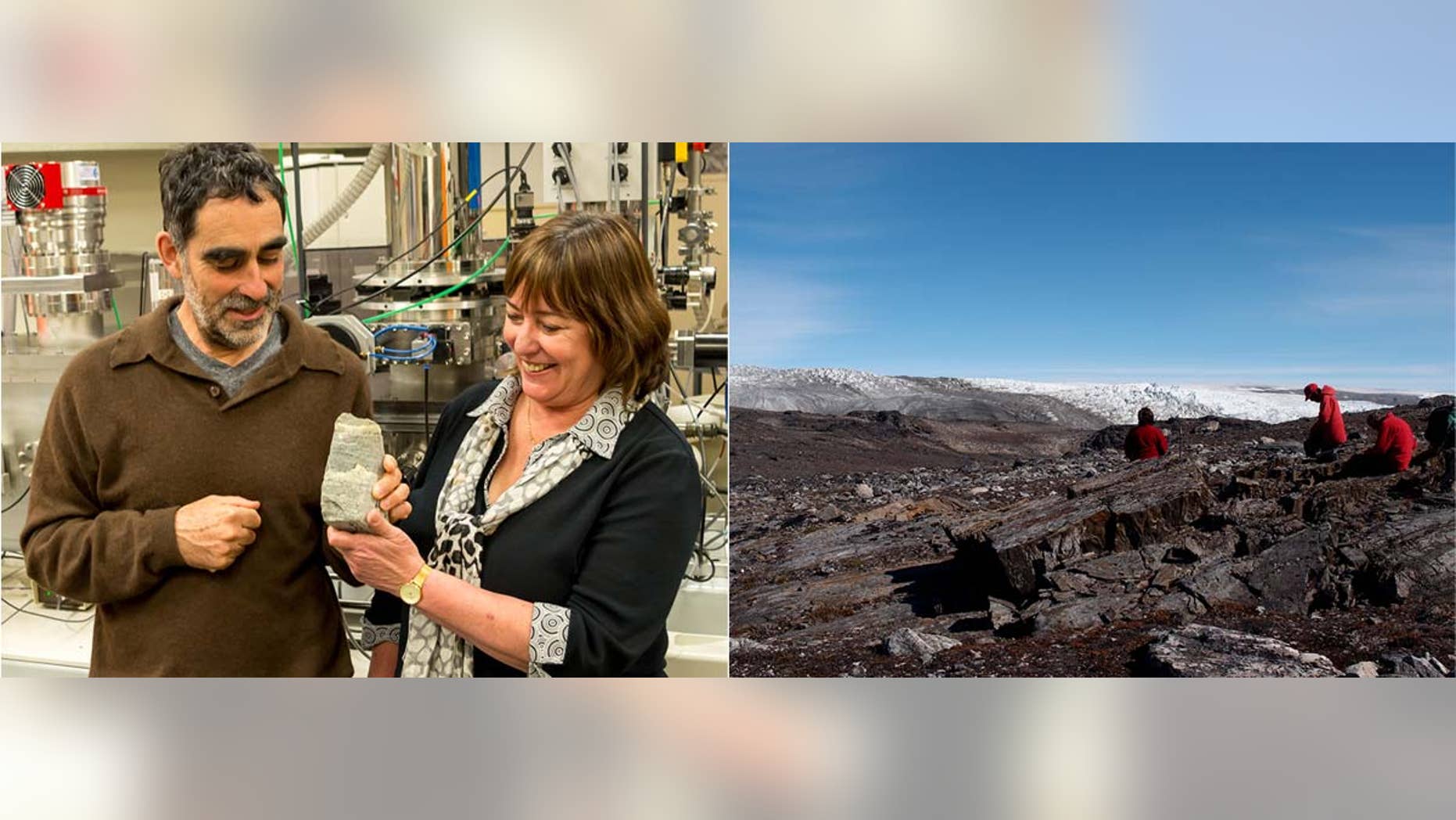 Professor Allen Nutman and Associate Professor Vickie Bennett with the fossils; the team on location in Greenland.