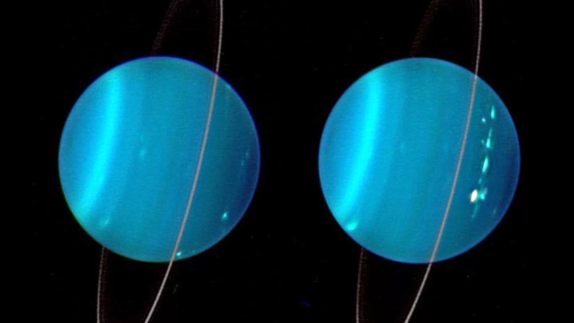 This composite image, created in 2004 with Keck Observatory telescope adaptive optics, shows Uranus' two hemispheres. Credit: Lawrence Sromovsky, University of Wisconsin-Madison/W.W. Keck Observatory