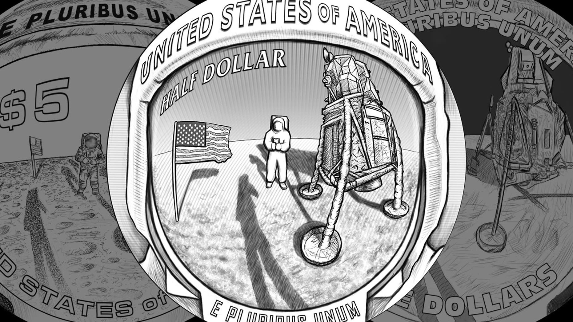 The U.S. Mint has revealed its three designs for the reverse or tails side of its 2019 curved coins commemorating the 50th anniversary of the Apollo 11 moon landing. The central design above (R-03) is preferred by NASA and the Commission of Fine Arts.