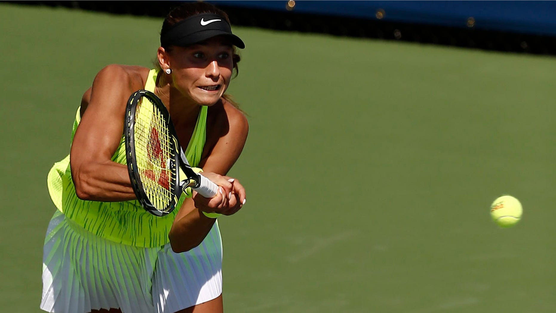 Aug. 30, 2016: Vitalia Diatchenko, of Russia, returns a shot to Timea Bacsinszky, of Switzerland, during the first round of the U.S. Open tennis tournament in New York.