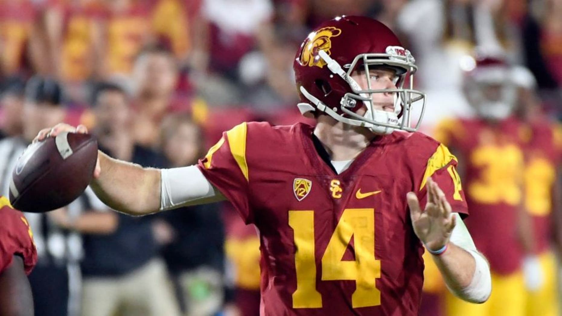 Oct 27, 2016; Los Angeles, CA, USA; USC Trojans quarterback Sam Darnold (14) passes against the California Golden Bears in the second quarter at Los Angeles Memorial Coliseum. Mandatory Credit: Richard Mackson-USA TODAY Sports