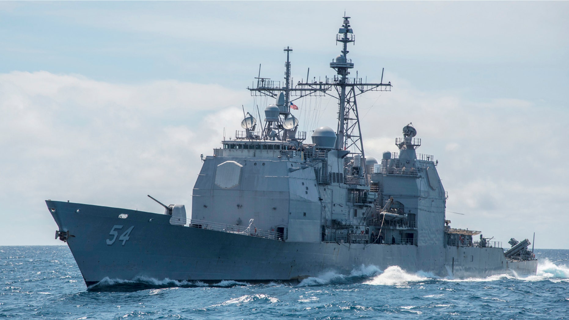 This Mar. 6, 2016, file photo provided by the U.S. Navy, shows the Ticonderoga-class guided-missile cruiser USS Antietam (CG 54) sails in the South China Sea.
