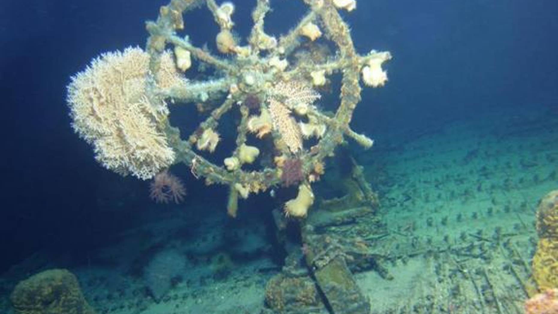 The U.S.S. Kailua, a sunken cable repair ship that was torpedoed in 1946, was recently rediscovered off the shores of Oahu, Hawaii. The ship's wheel, shown here, was still in its original location.
