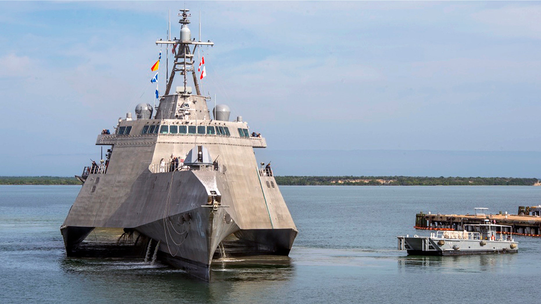The USS Omaha, a 218-foot-long littoral combat ship, pier side during a brief fuel stop in Guantanamo Bay, Cuba on Jan. 3, 2018.