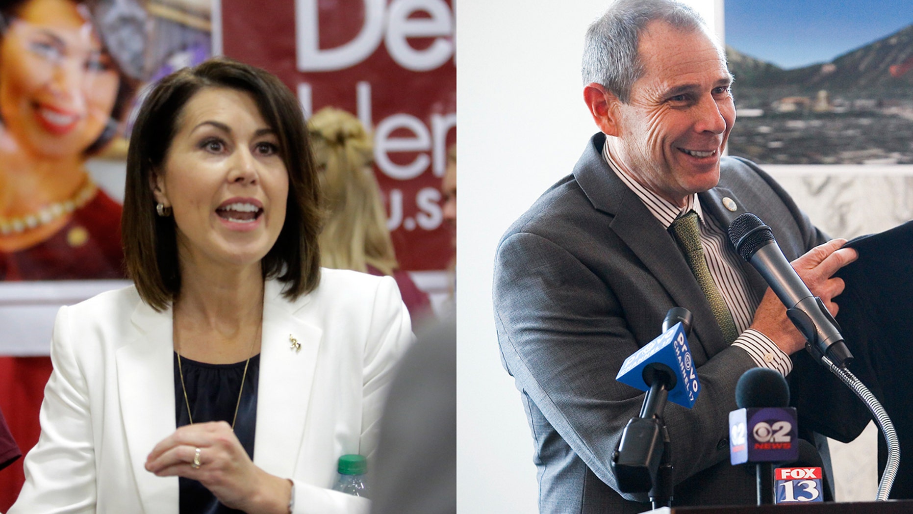 Sen. Deidre Henderson (left) speaks during the Utah GOP Convention, in Sandy, Utah in this May 20, 2017 photo. Provo Mayor John Curtis (right) speaks during a news conference in Provo, Utah in this April 29, 2014