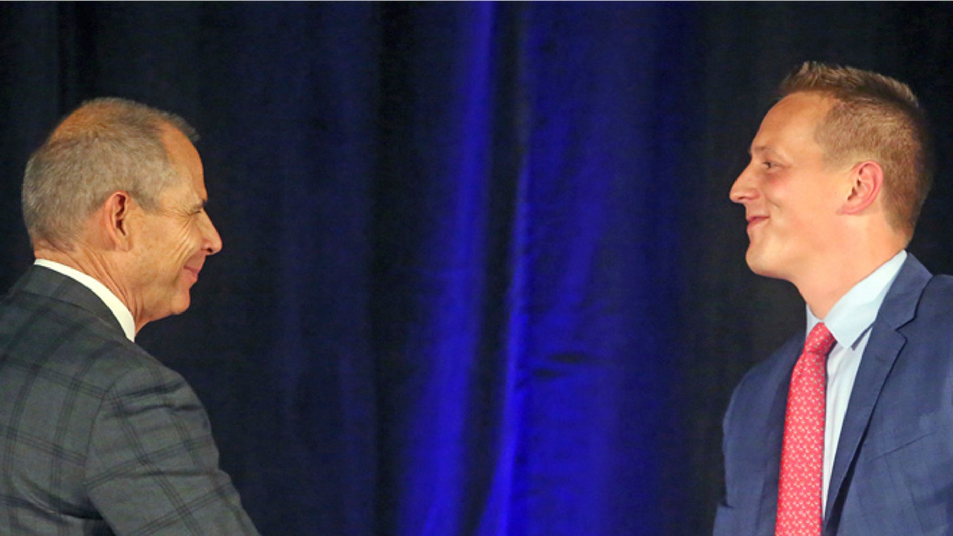 July, 28, 2017: Republican candidates John Curtis, left, and Tanner Ainge after a debate at the Utah Valley Convention Center for the open seat of Rep. Jason Chaffetz. Provo, Utah. (AP)