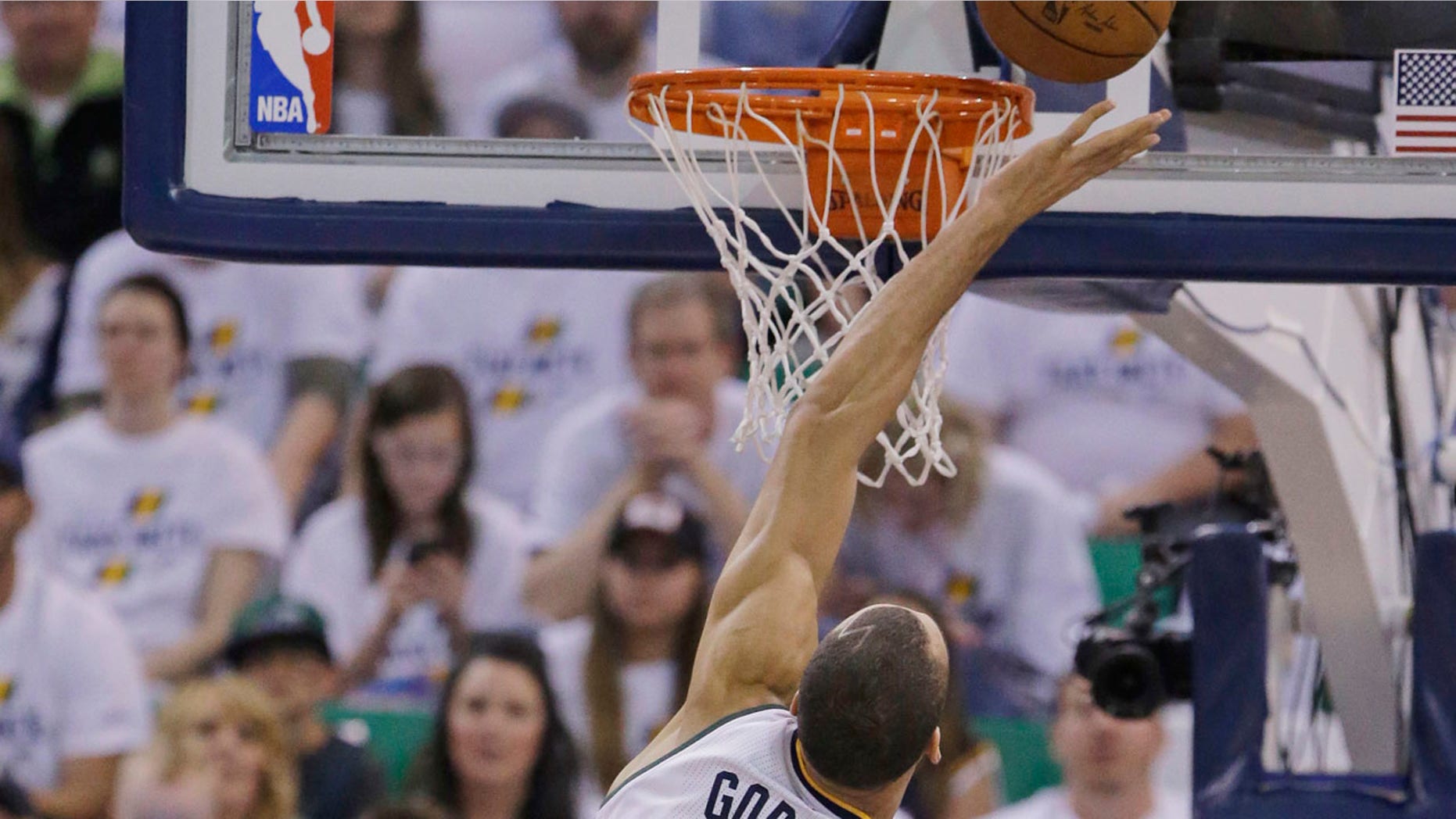 Utah Jazz center Rudy Gobert (27) goes for a rebound against the Los Angeles Clippers.