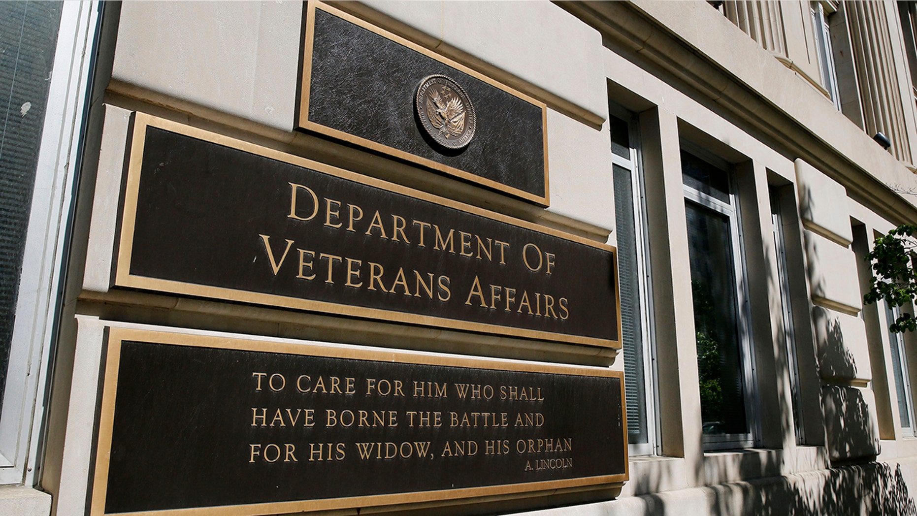 The sign of the Department of Veteran Affairs is seen in front of the headquarters building in Washington, May 23, 2014.