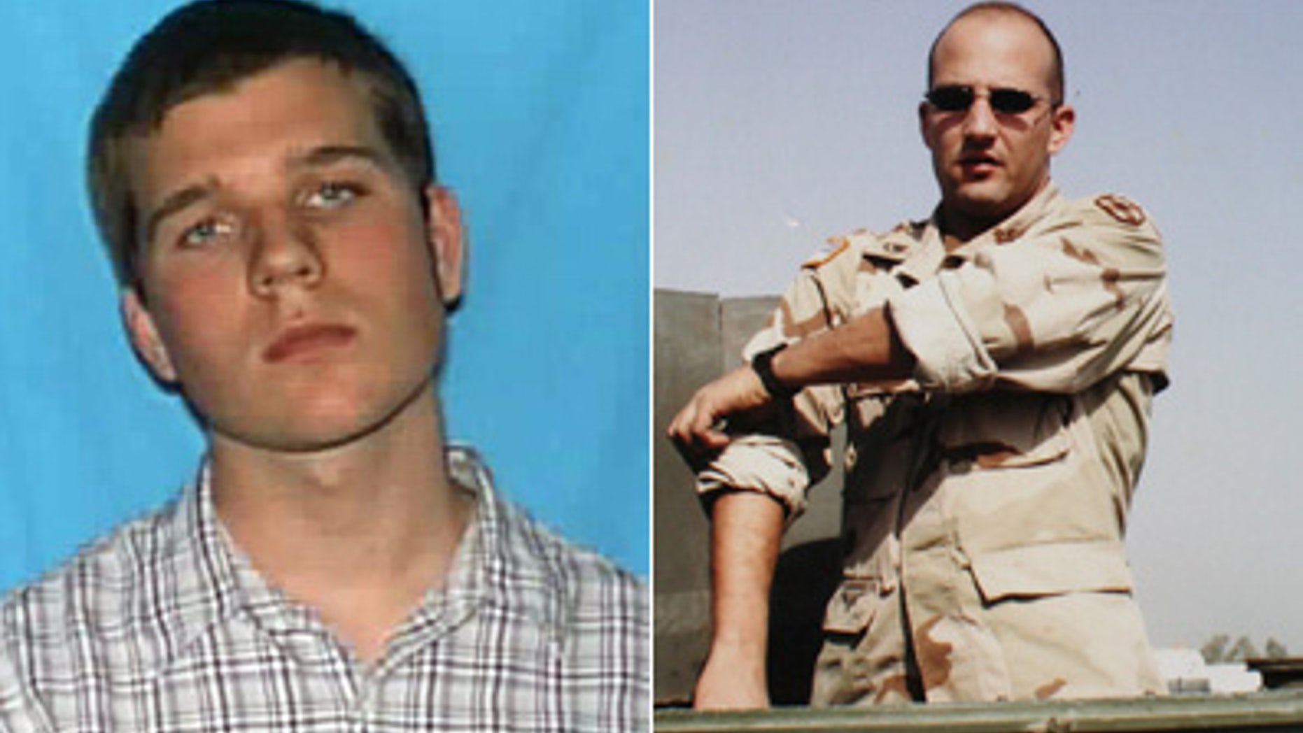 Ross Truett Ashley, age 22, left, was identified by police as the Virginia Tech gunman. Officer Deriek W. Crouse, who was allegedly killed by Ashley on Friday Dec. 9, 2011, is seen at right during his 2003-2004 military tour in Iraq.
