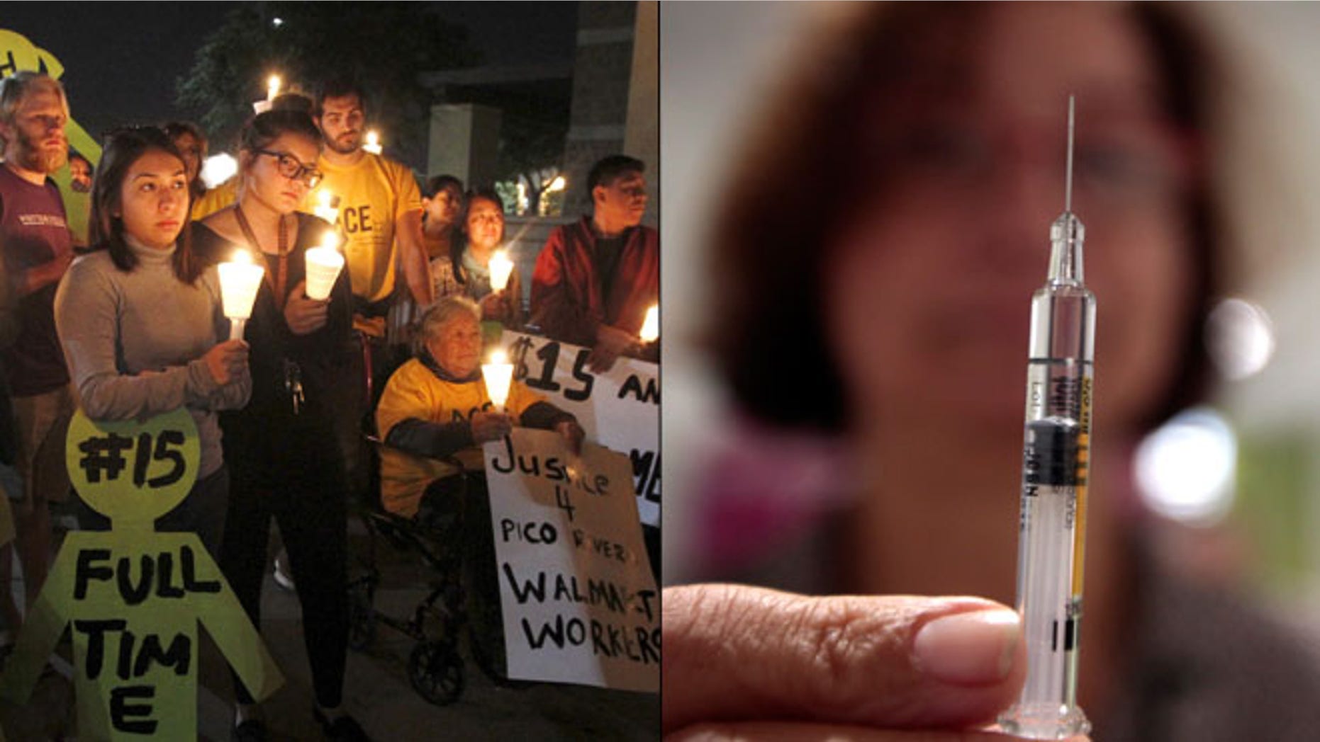 At left, protesters hold a vigil after a march for a minimum wage hike in Pico Rivera, Calif., on Nov. 19, 2015; at right, a nurse holds a syringe. (Reuters)