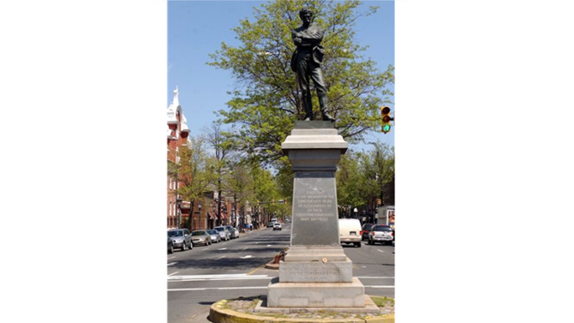 FILE: April 23, 2003: This photo shows a statue of a Confederate soldier at an intersection in Alexandria, Va. The city is looking to modernize its laws by removing a provision that requires new north-south streets to be named for Confederate generals.