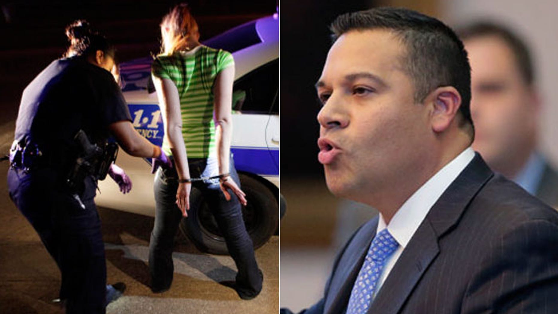 Texas state lawmaker Jason Villalba, (r.), wants to establish a "buffer zone" to keep people away from police as they do their work, as seen above, in photo of Dallas police arresting a prostitution suspect. (AP)