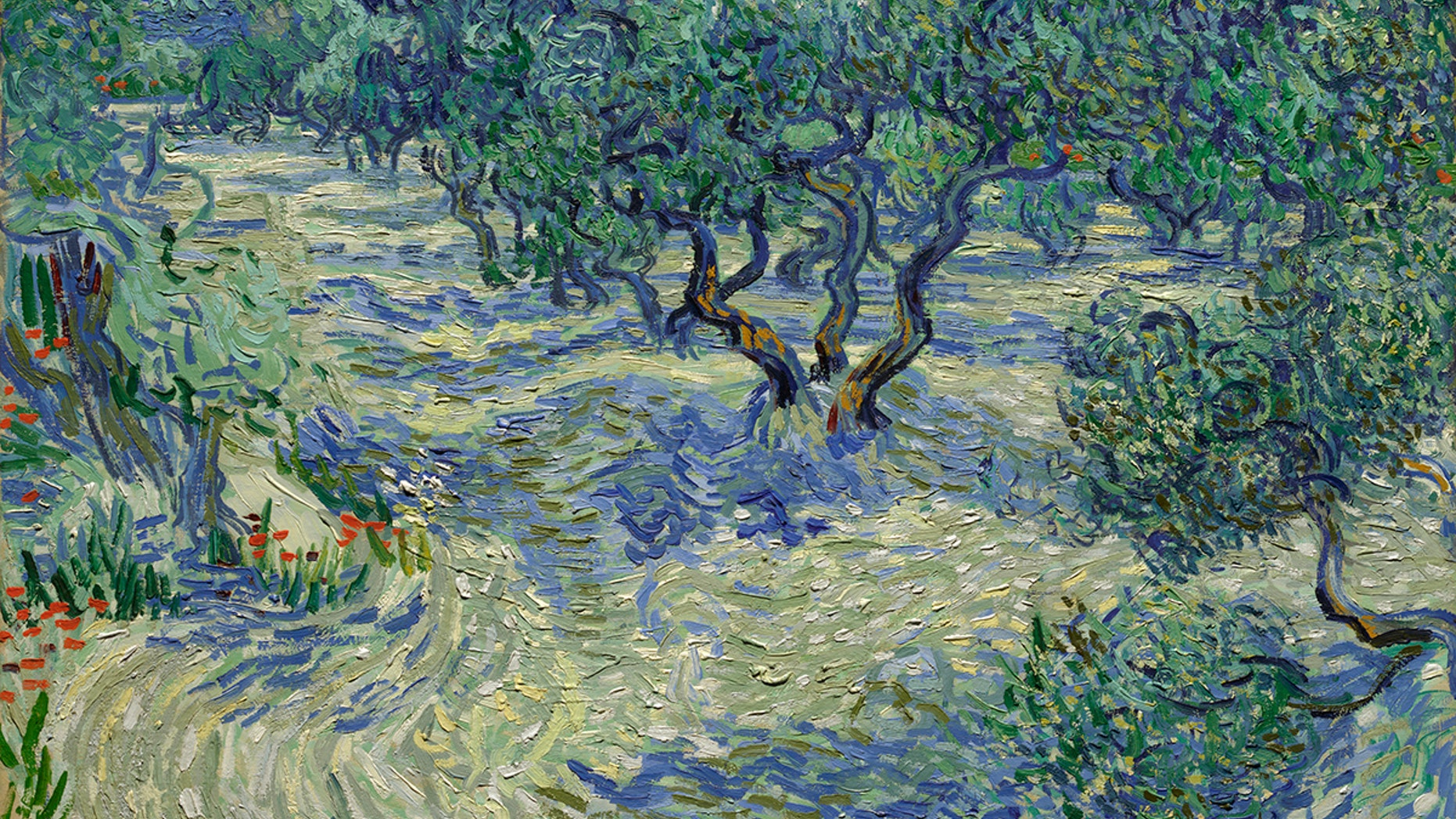 You can't see the grasshopper in this image of Vincent van Gogh's "Olive Trees," but it's there.