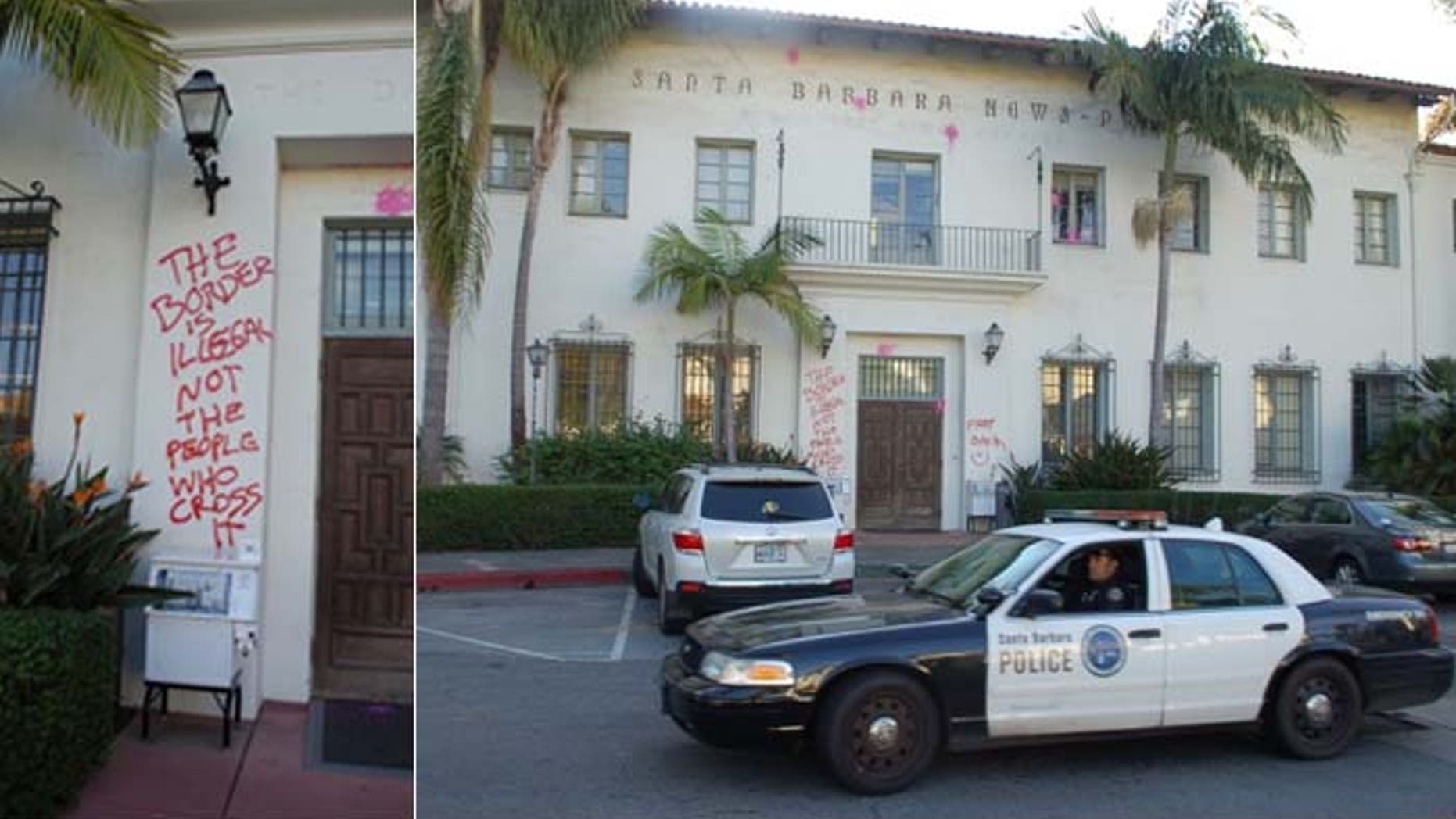 The headquarters of the Santa Barbara News-Press in California was vandalized, apparently by pro-illegal immigration activists.