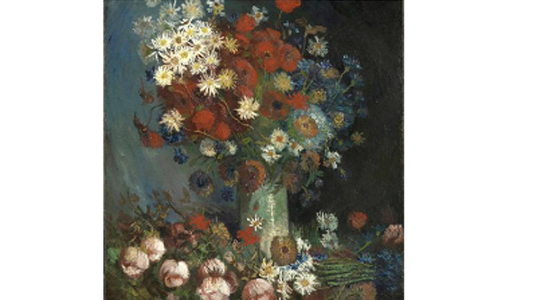 March 20, 2012: This photo provided by the Kroeller Mueller Museum in Otterlo, Netherlands shows a painting entitled "Still life with meadow flowers and roses" by Vincent van Gogh.