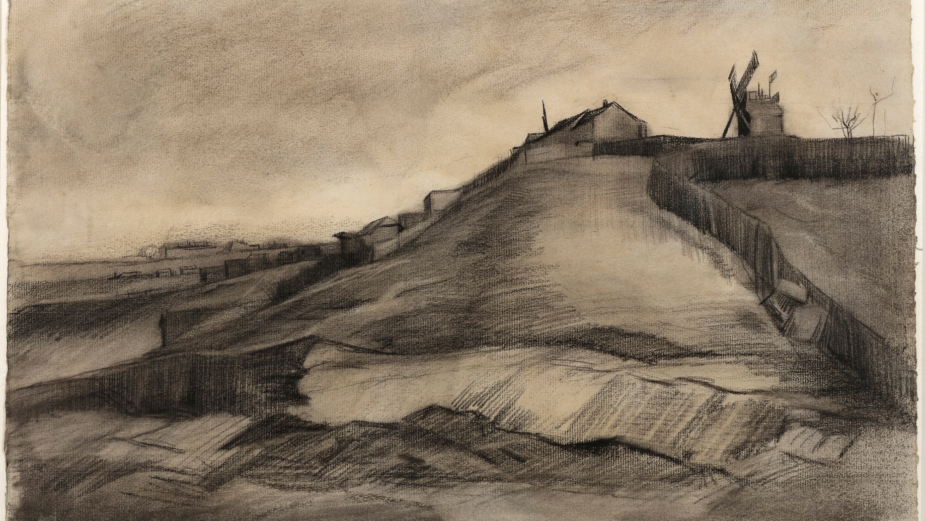 This image released by Van Vlissingen Art Foundation and the Van Gogh Museum on Tuesday Jan. 16, 2018 shows a drawing by Vincent van Gogh titled The Hill of Montmartre with Stone Quarry, dating to March 1886. The discovery has been confirmed following extensive research conducted by the Van Gogh Museum into the subject, style, technique, materials and provenance of the until now, unknown drawing in the collection of the Van Vlissingen Art Foundation. (Van Vlissingen Art Foundation via AP)