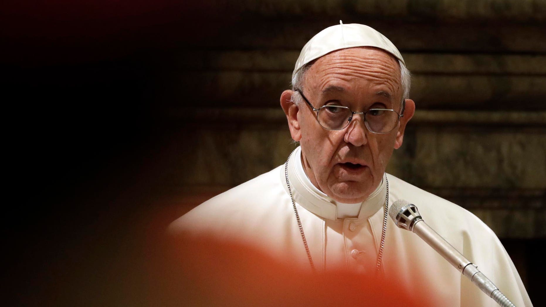 Pope Francis delivers his message to prelates on the occasion of his Christmas greetings to the Roman Curia in the Clementine Hall, at the Vatican, Thursday, Dec. 22, 2016. (AP Photo/Gregorio Borgia, Pool)