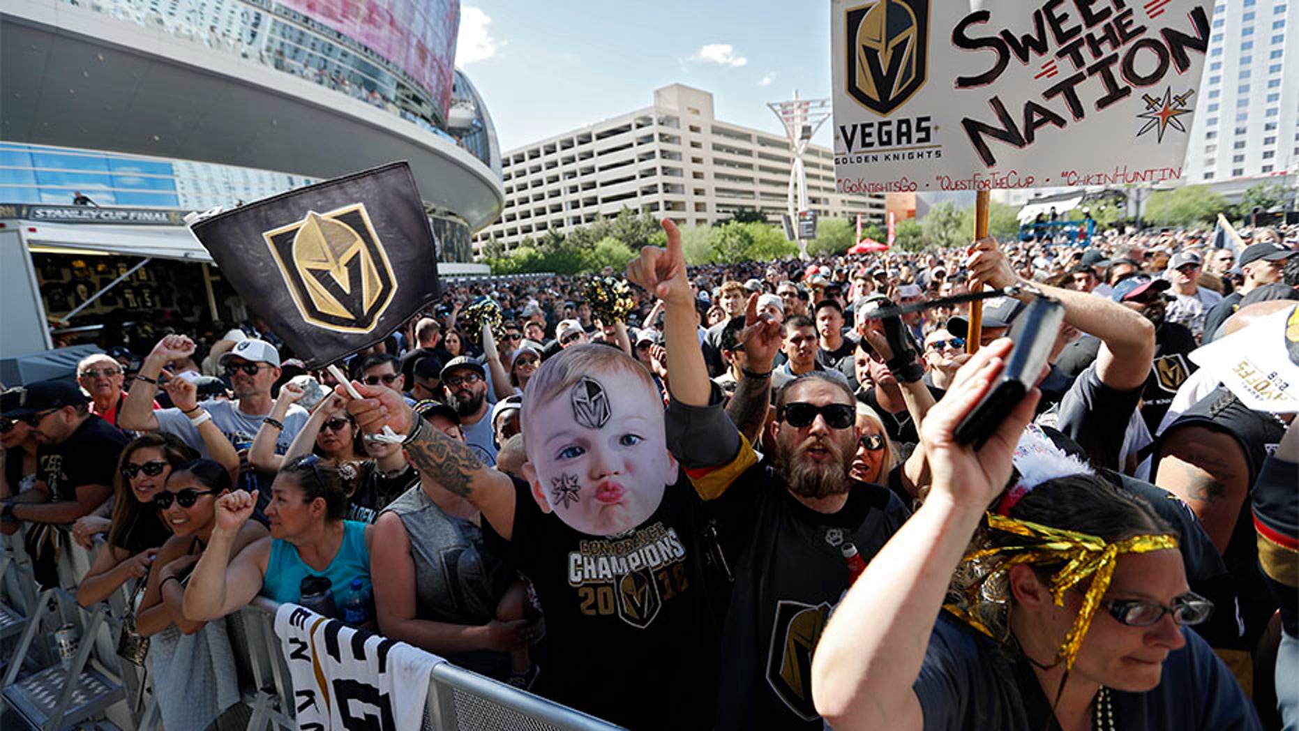 May 28, 2018: Fans gather outside T-Mobile Arena prior to Game 1 of the NHL hockey Stanley Cup Finals between the Vegas Golden Knights and the Washington Capitals.