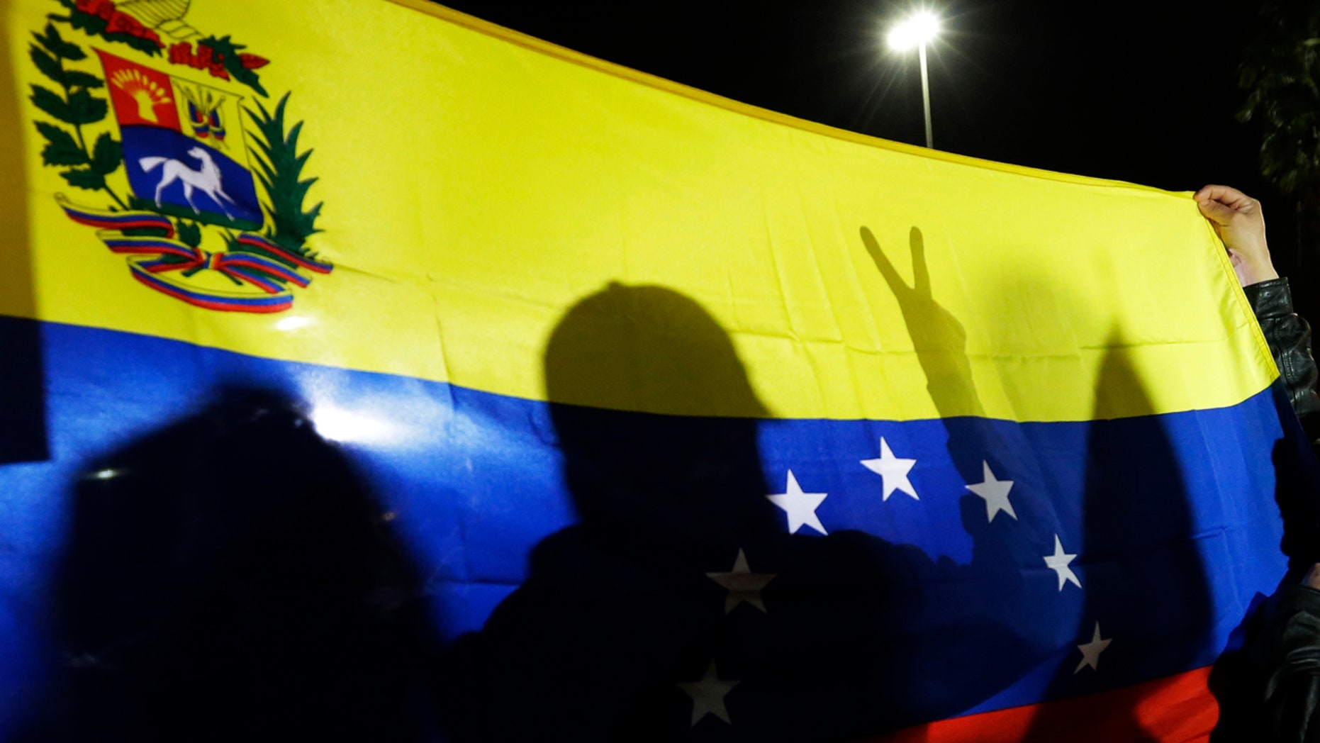 FILE - In this Feb. 21, 2014 file photo, demonstrators holding a Venezuelan flag protest what they call Los Angeles Philharmonic conductor and Venezuela native Gustavo Dudamel's failure to speak out against Venezuela's President Nicolas Maduro, outside Disney Hall in downtown Los Angeles.