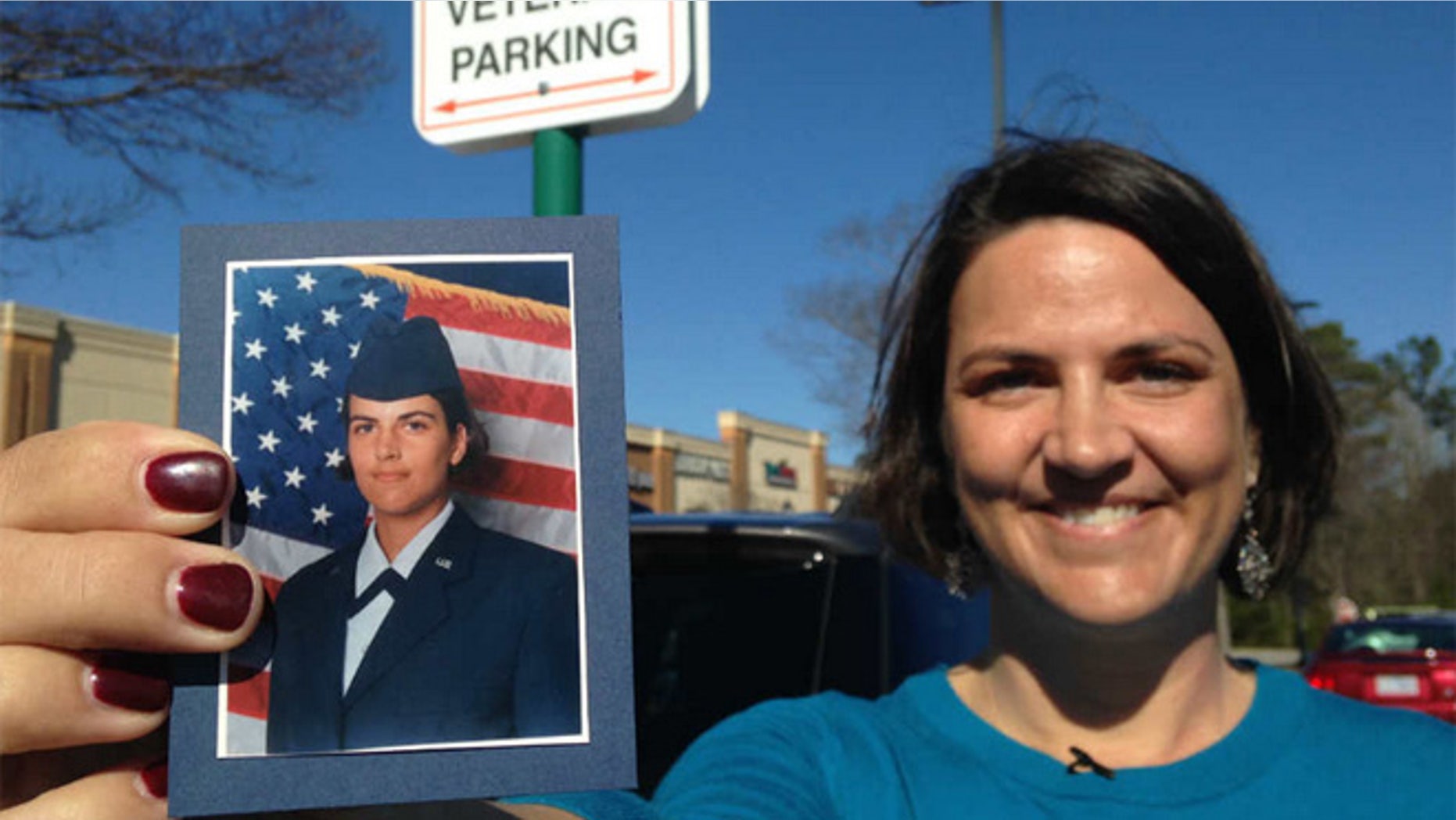 Mary Claire Caine, an Air Force veteran, says a note was left on her car for parking in a veterans-reserved spot.