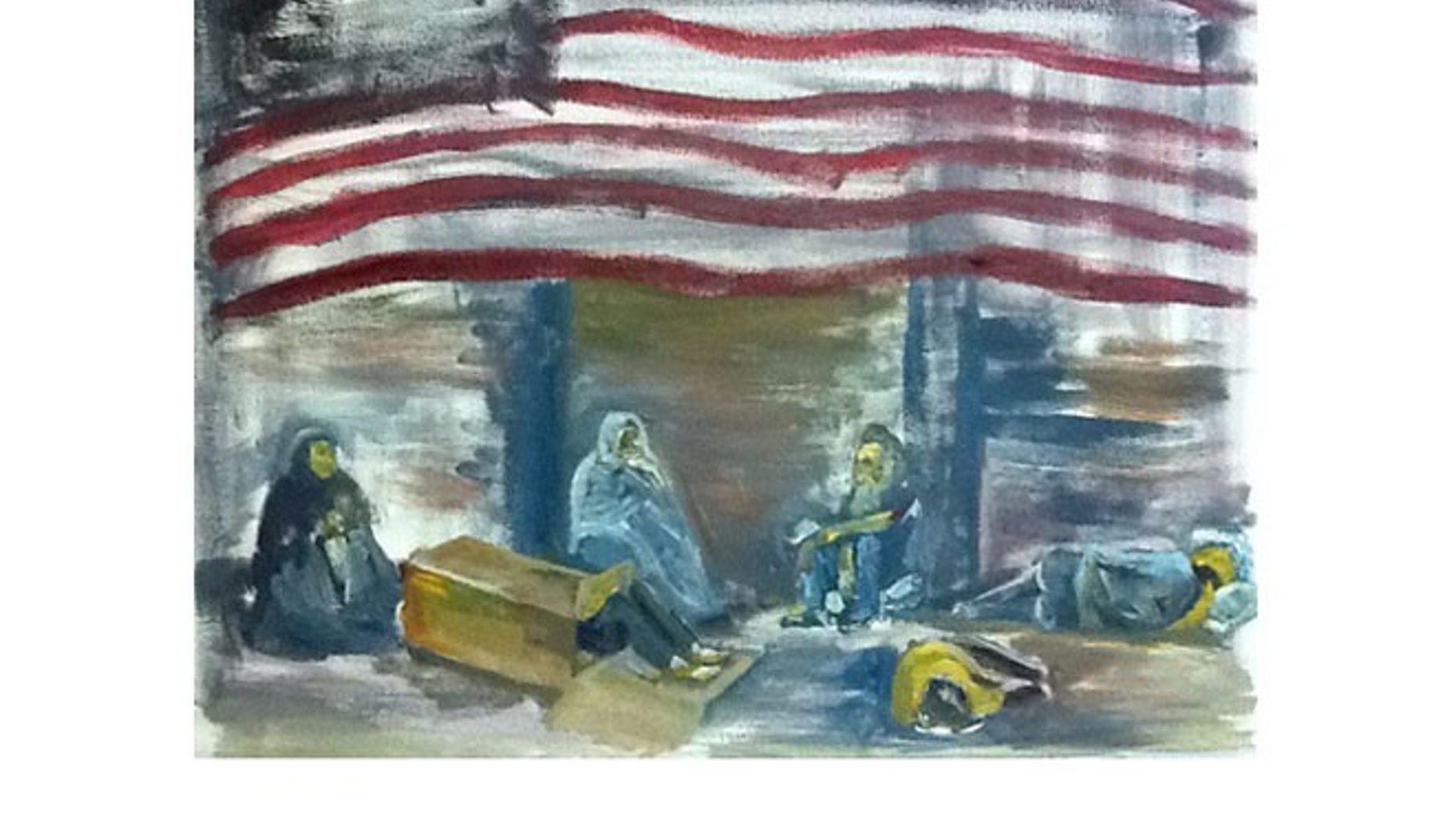 This 20"x16" painting by Wendi Boggs, titled "Unconscionable," depicts the problem of homelessness among veterans. Boggs, an art therapist, served in the U.S. Air Force from 1984 to 1990.