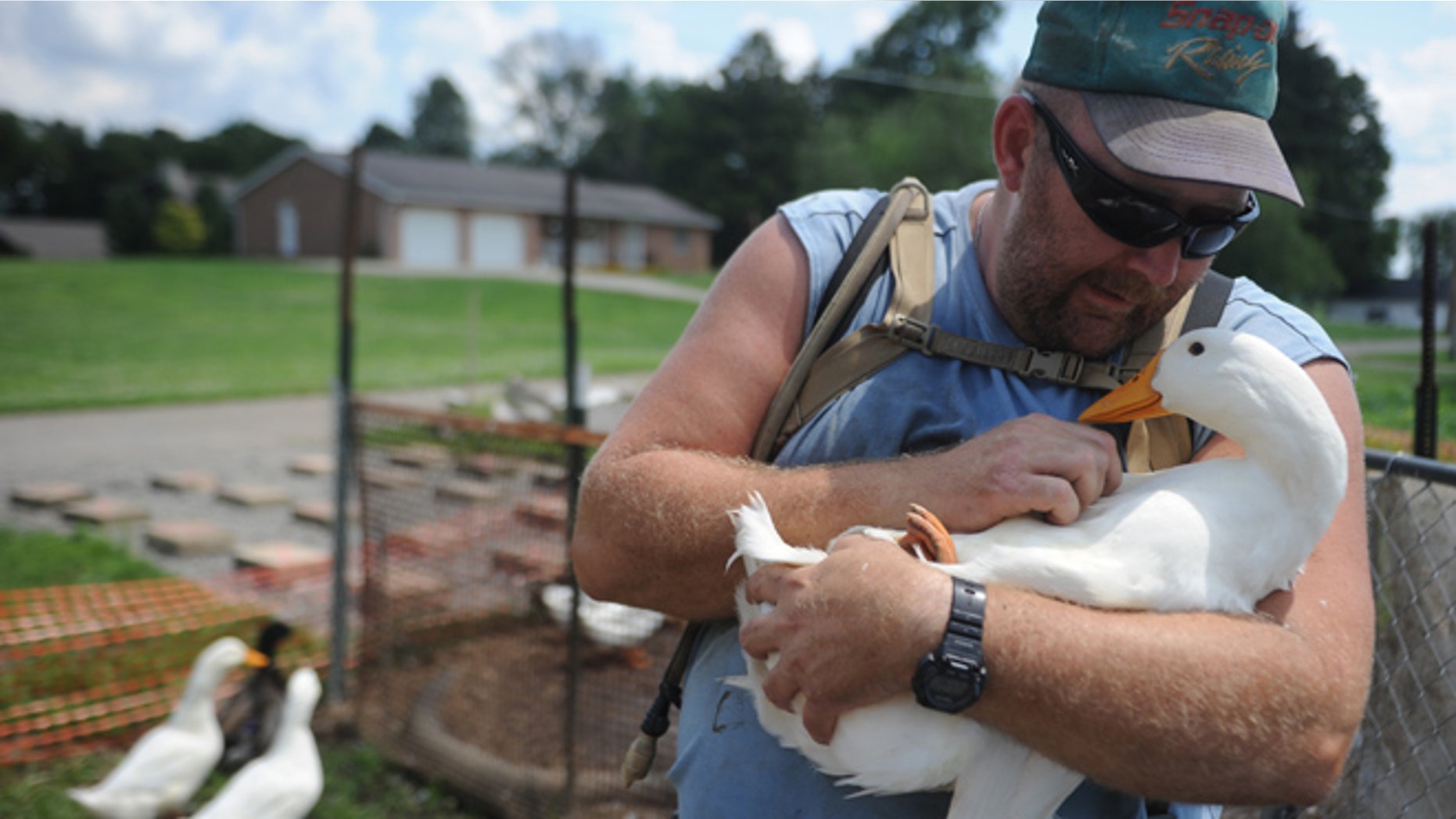 July 10, 2014: In this photo, Iraq war veteran Darin Welker, 36, holds one of his ducks at his home in West Lafayette, Ohio. (AP/Coshocton Tribune, Trevor Jones)