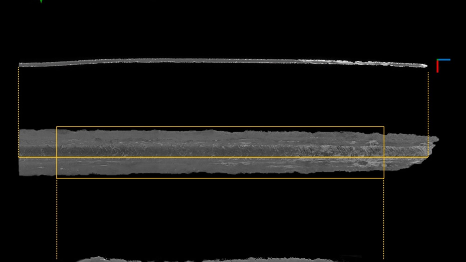 Researchers analyzed three Viking swords: The orange rectangle shows the area investigated. The center image is a 3D rendering created from scans of the sword, with corrosion shown in white.