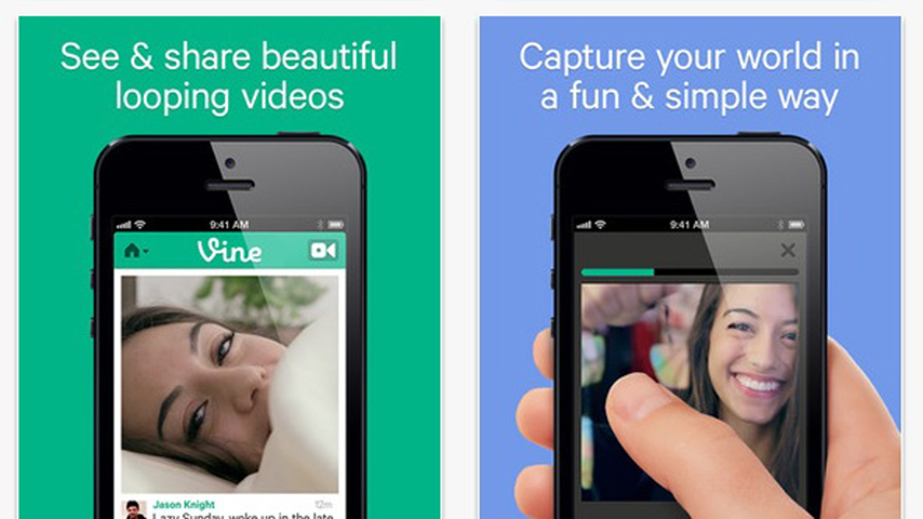 Screenshots of the Vine app, a new tool from Twitter that lets people easily share short, looping videos.
