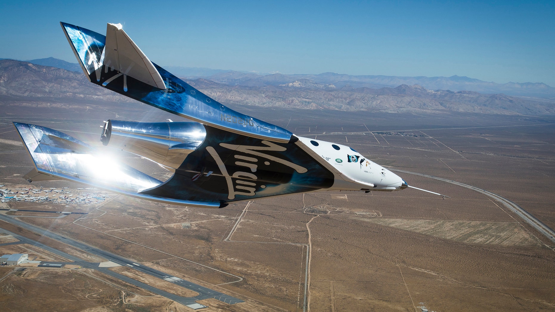 Virgin Galactic's spaceship Unity flies freely over the Mojave Air and Space Port in California during a May 1, 2017 test flight.