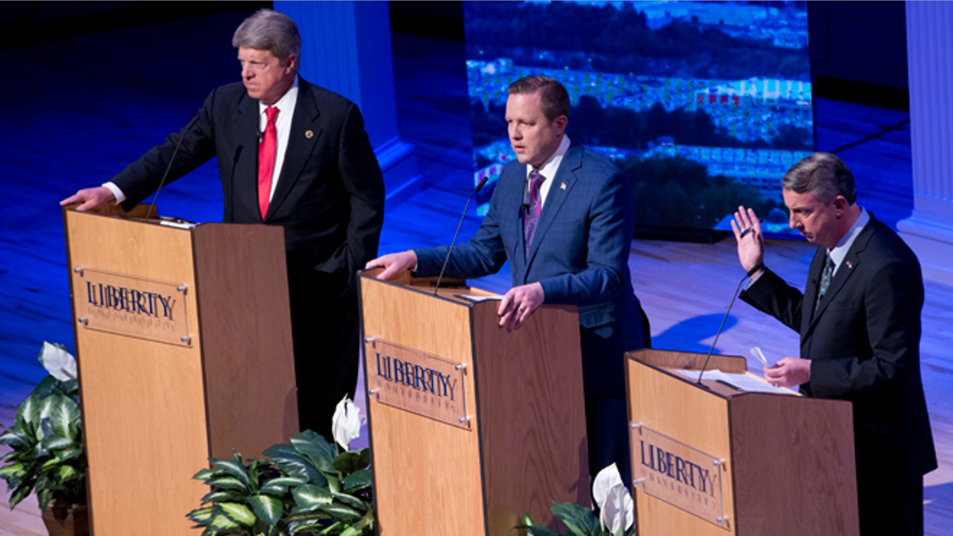 April 13, 2017: Republican gubernatorial candidate Ed Gillespie, right, Corey Stewart, center, and state Sen. Frank Wagner at a debate at Liberty University, Lynchburg, Va. (AP)