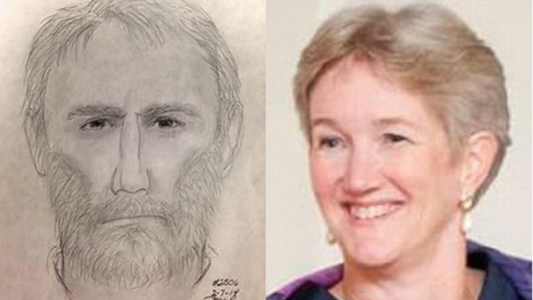 Police released a sketch, left, of a man who shot and killed Virginia piano teacher Ruthanne Lodato, right, when she answered a knock at her front door Thursday at her home in Alexandria, Va.
