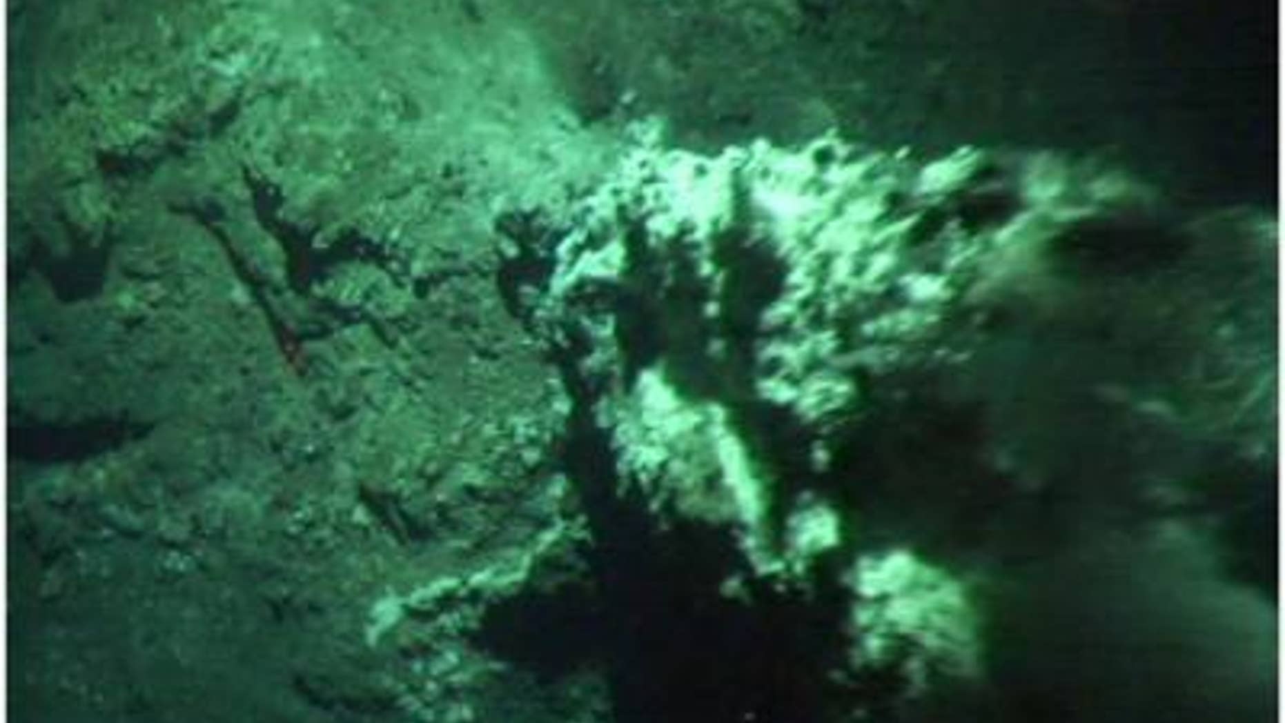 The small relict chimney found on the seafloor near Antarctica at a depth of around 3,900 feet. Emanating hydrothermal fluid is visible as shimmering water.