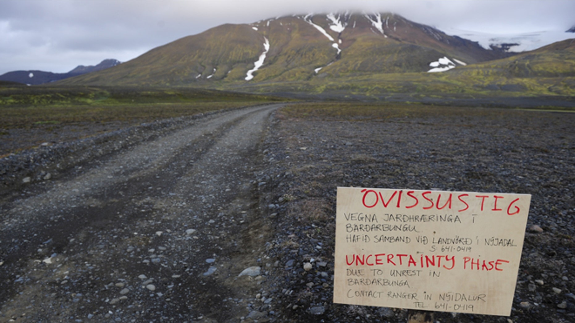 Aug. 19, 2014: A warning sign blocks the road to Bardarbunga volcano, some 12.5 miles away, in the north-west region of the Vatnajokull glacier.