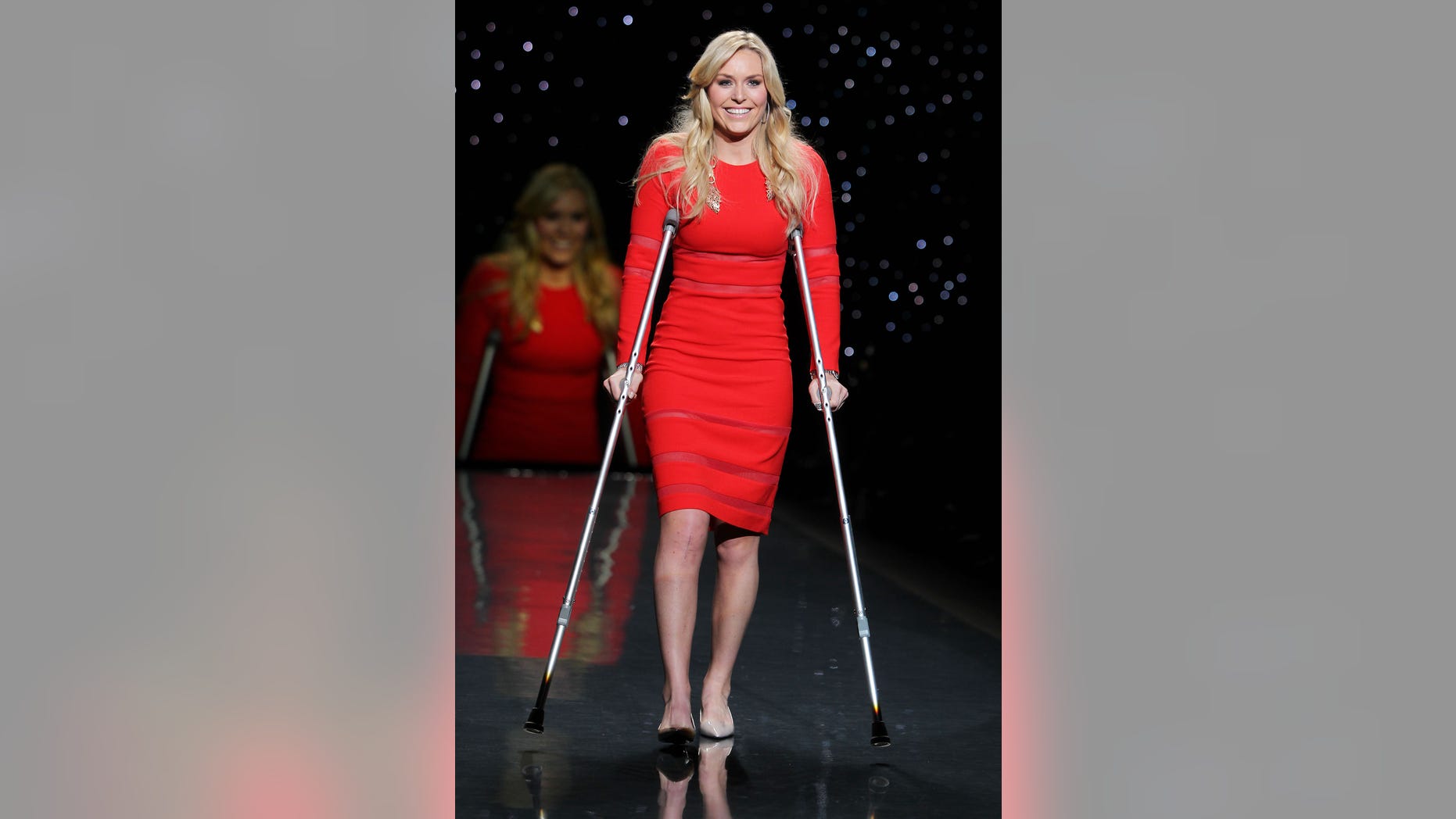 Feb. 6, 2014. Lindsey Vonn wearing Cynthia Rowley as she participates in the Go Red For Women-The Heart Truth Red Dress Collection show during Fashion Week in New York.
