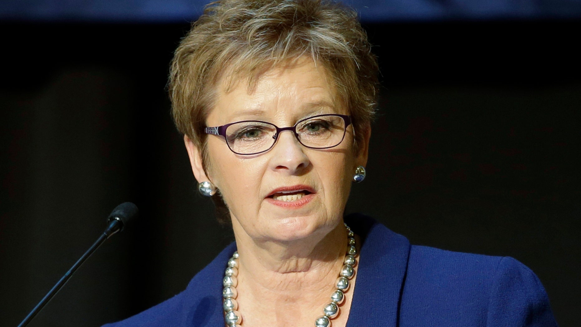 In this Jan. 7, 2015 file photo, Indiana Secretary of State Connie Lawson speak in Indianapolis.