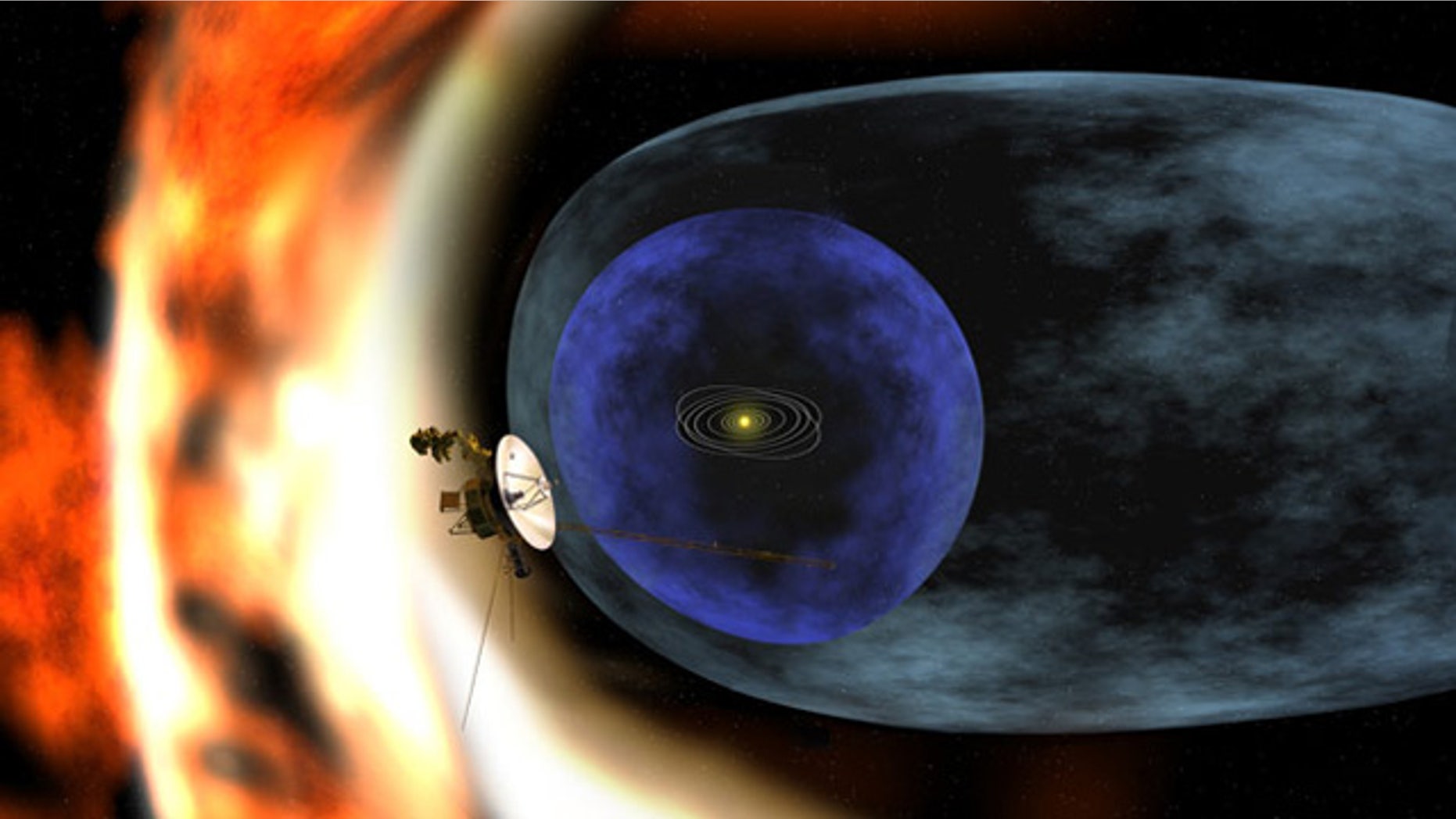 Artist's rendering of the Voyager 2 spacecraft as it studies the outer limits of the heliosphere — a magnetic 'bubble' around the Solar System that is created by the solar wind. Scientists observed the magnetic bubble is not spherical, but pressed inward in the southern hemisphere.