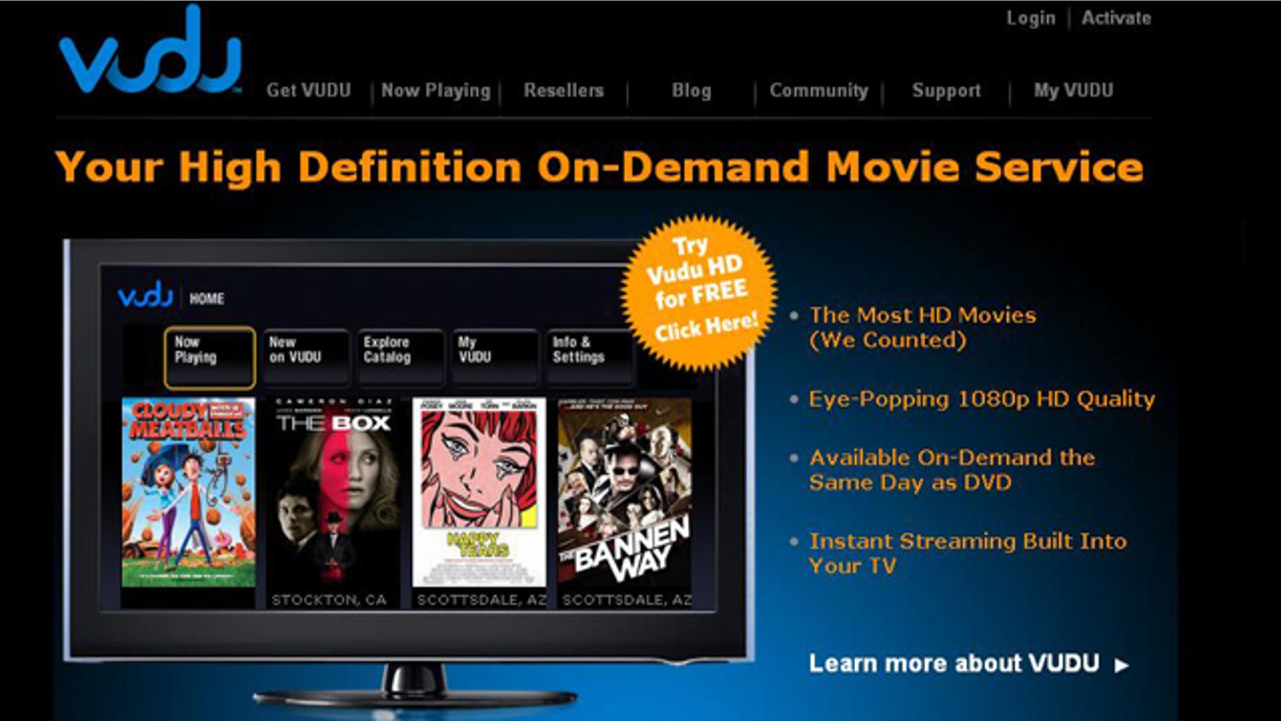 A screenshot of the Vudu Web site. The company's video-on-demand service was purchased by Wal-Mart in 2010 and debuted Tuesday, July 26, 2011.