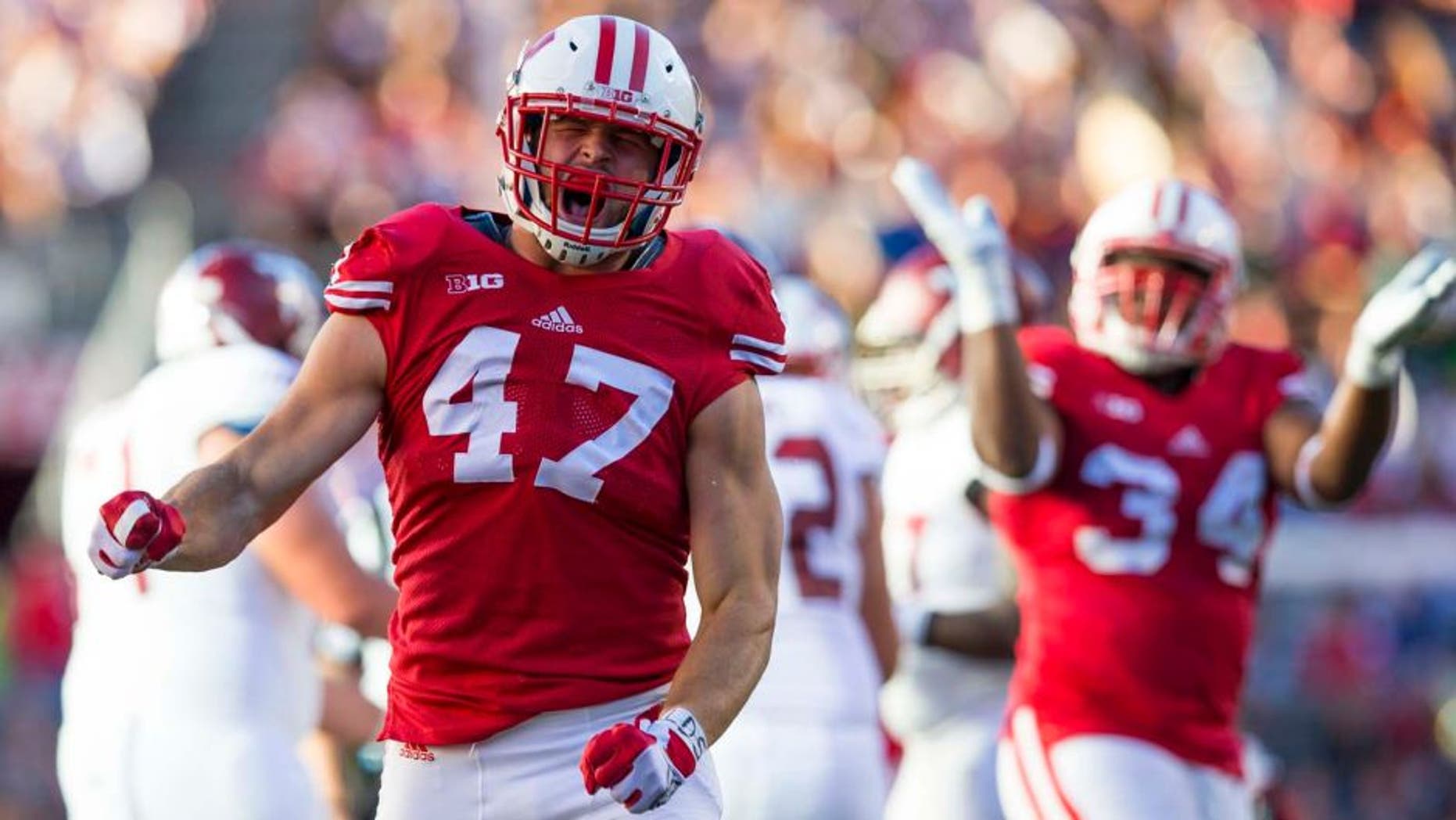Saturday, Sept. 19: Wisconsin Badgers linebacker Vince Biegel celebrates a sack during the fourth quarter against the Troy Trojans at Camp Randall Stadium in Madison, Wis. The Badgers won 28-3.
