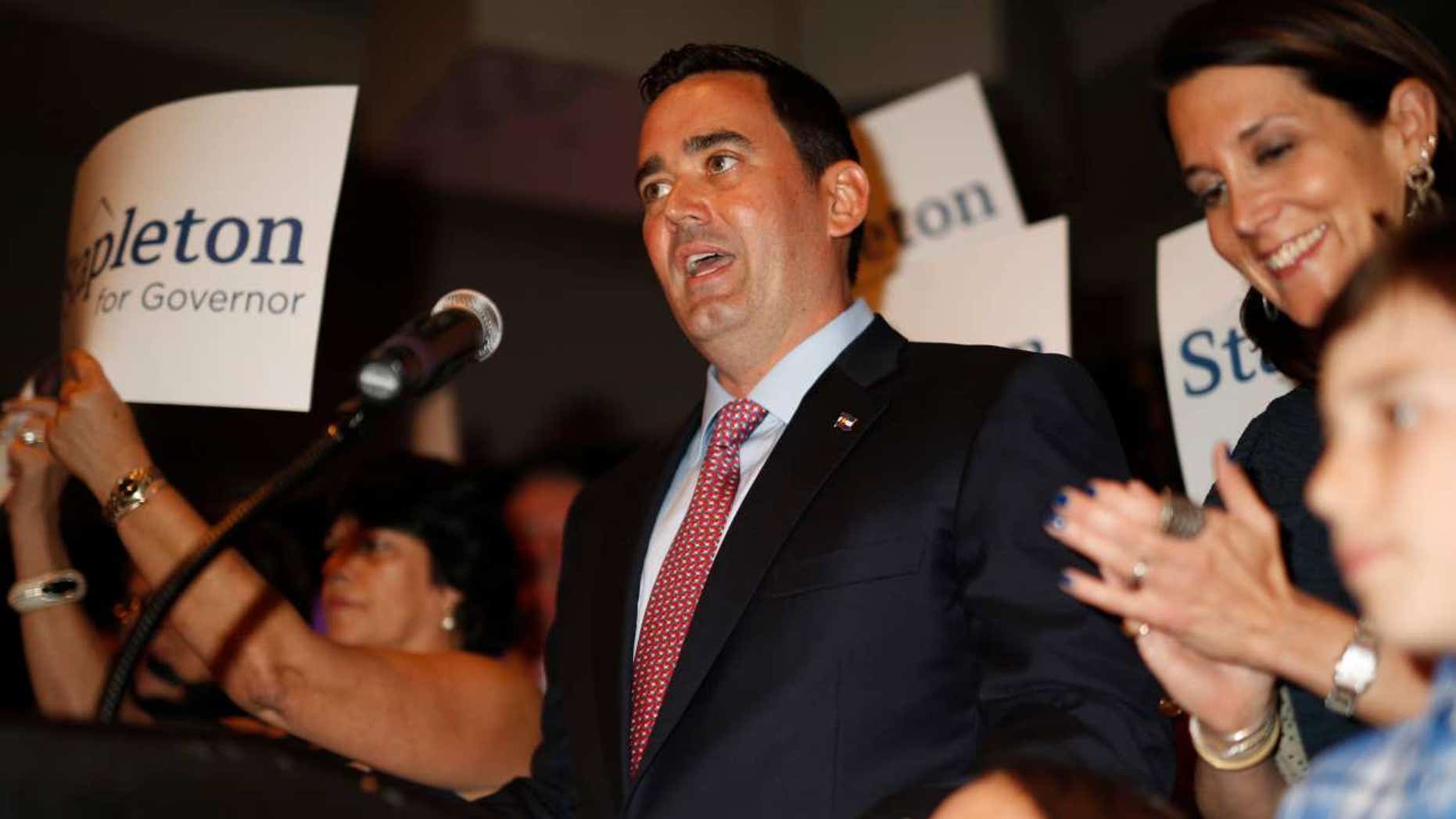 Walker Stapleton speaks after he won the Republican nomination to run for Colorado's governorship during an election night watch party in Greenwood Village, Colo., June 26, 2018.