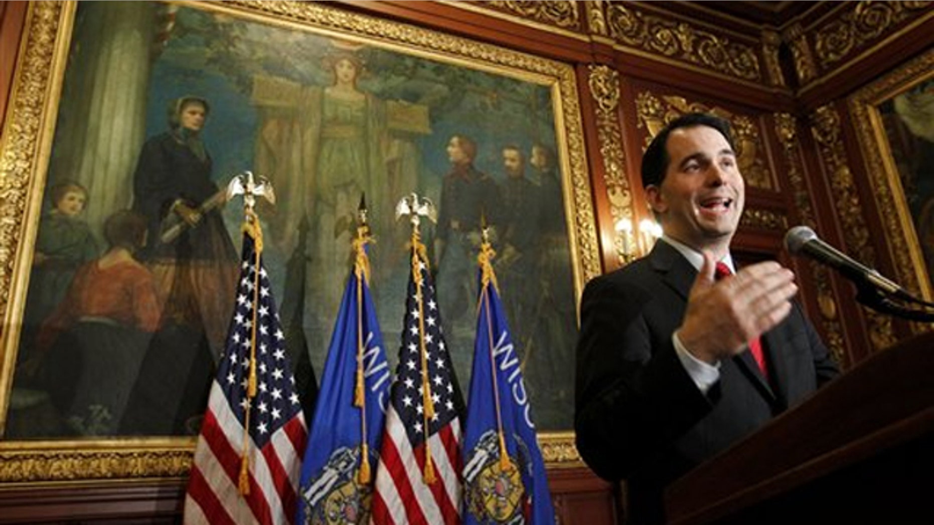In this Feb. 17 photo, Wisconsin Gov. Scott Walker talks to the media at the State Capitol in Madison, Wis.