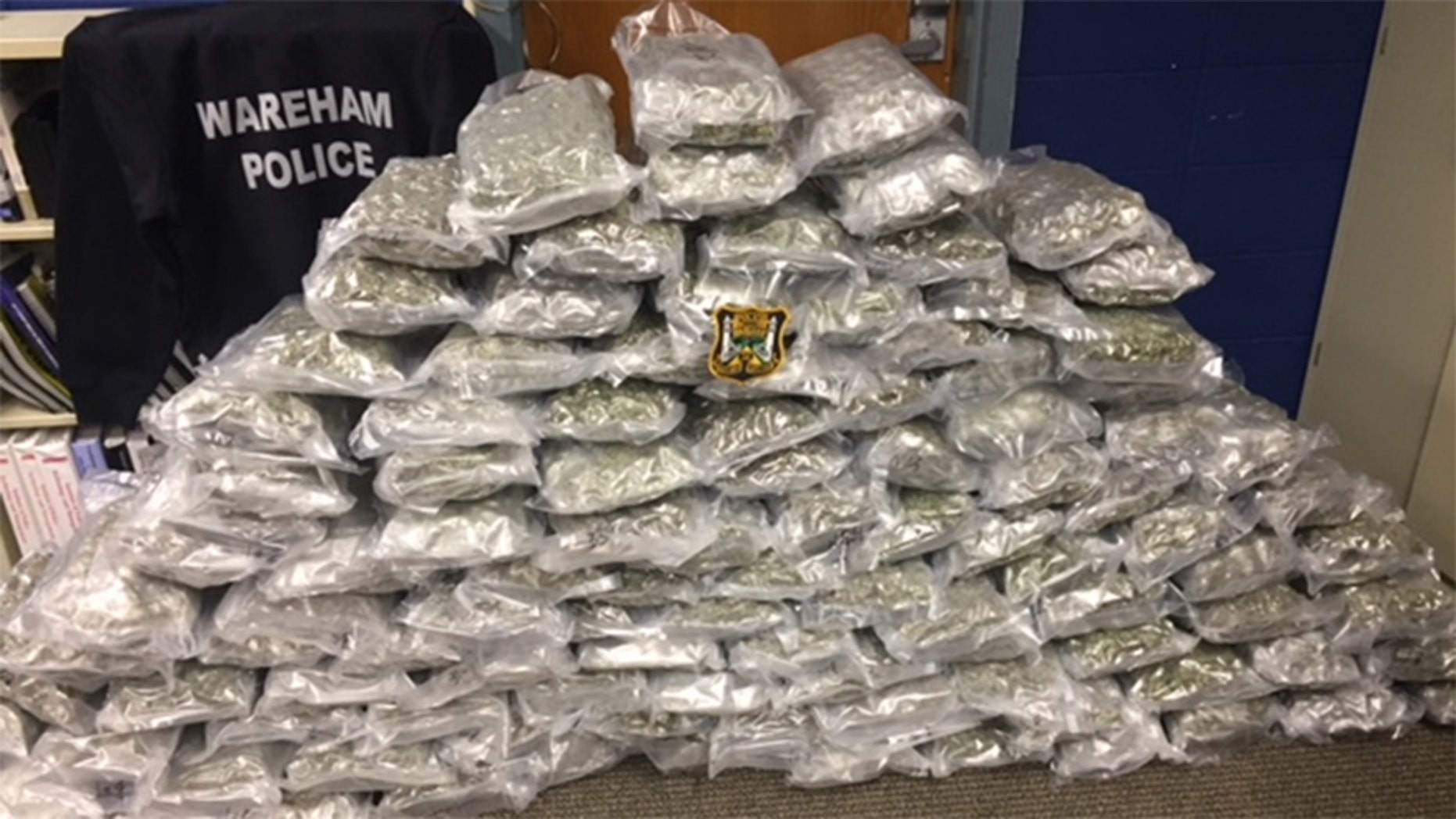 Wareham police found 112 pounds of marijuana inside two crates that were delivered Wednesday to a shipping company near Cape Cod, Mass.