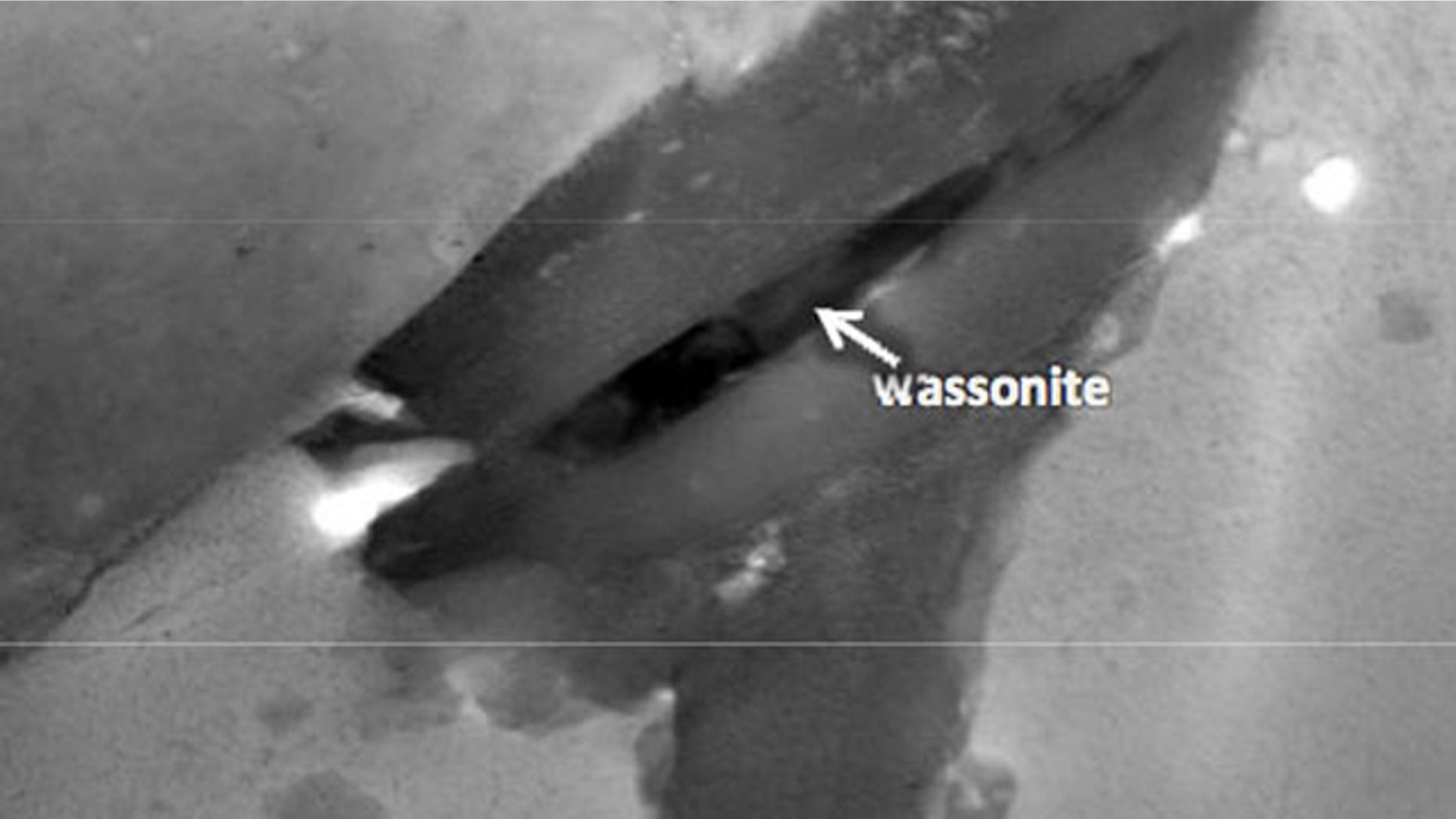 This scanning transmission electron microscope image shows the Wassonite grain in dark contrast.