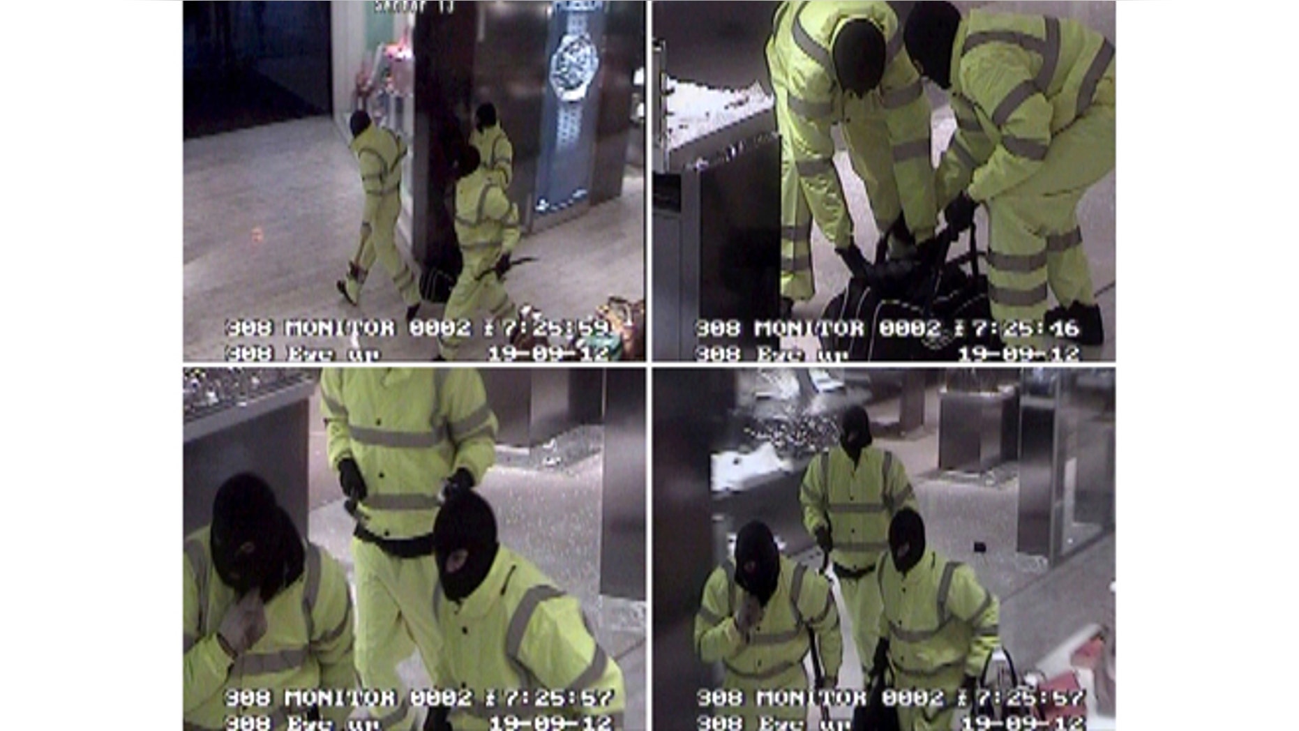 Sept. 19, 2012: Greater Manchester Police handout CCTV stills showing masked raiders stealing a 500,000 pounds ($810,000) haul of luxury watches from high end department store Selfridges in Manchester, northern England.