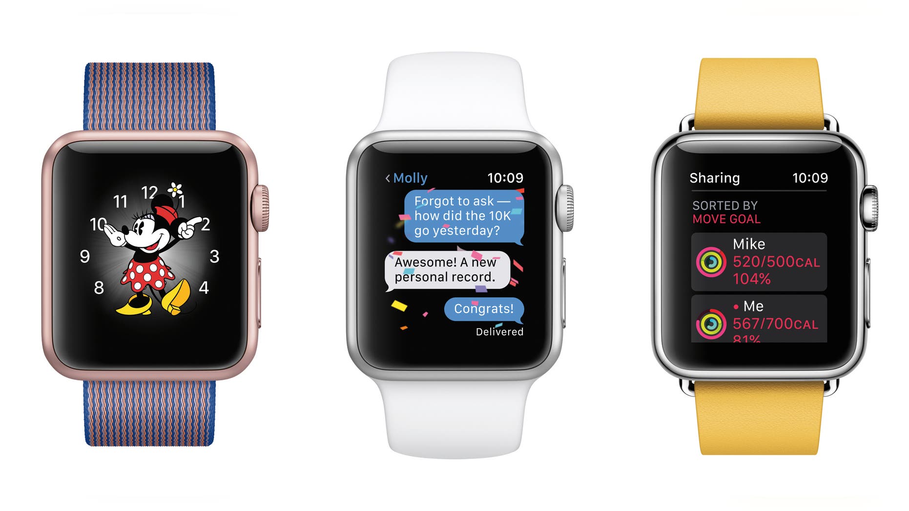 Apple Watches showing the device's forthcoming operating system, watchOS 3.