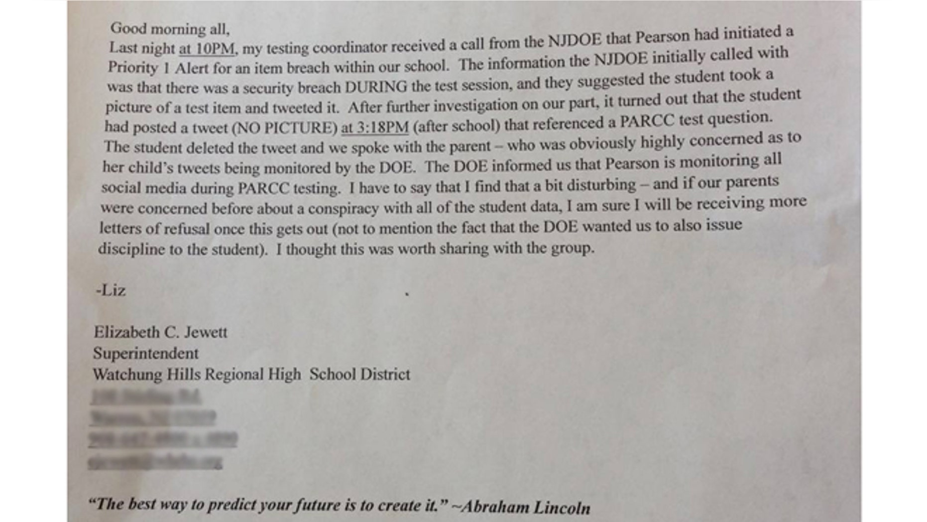 A copy of the leaked letter penned by a NJ school superintendent over Pearson's monitoring of students' social media.