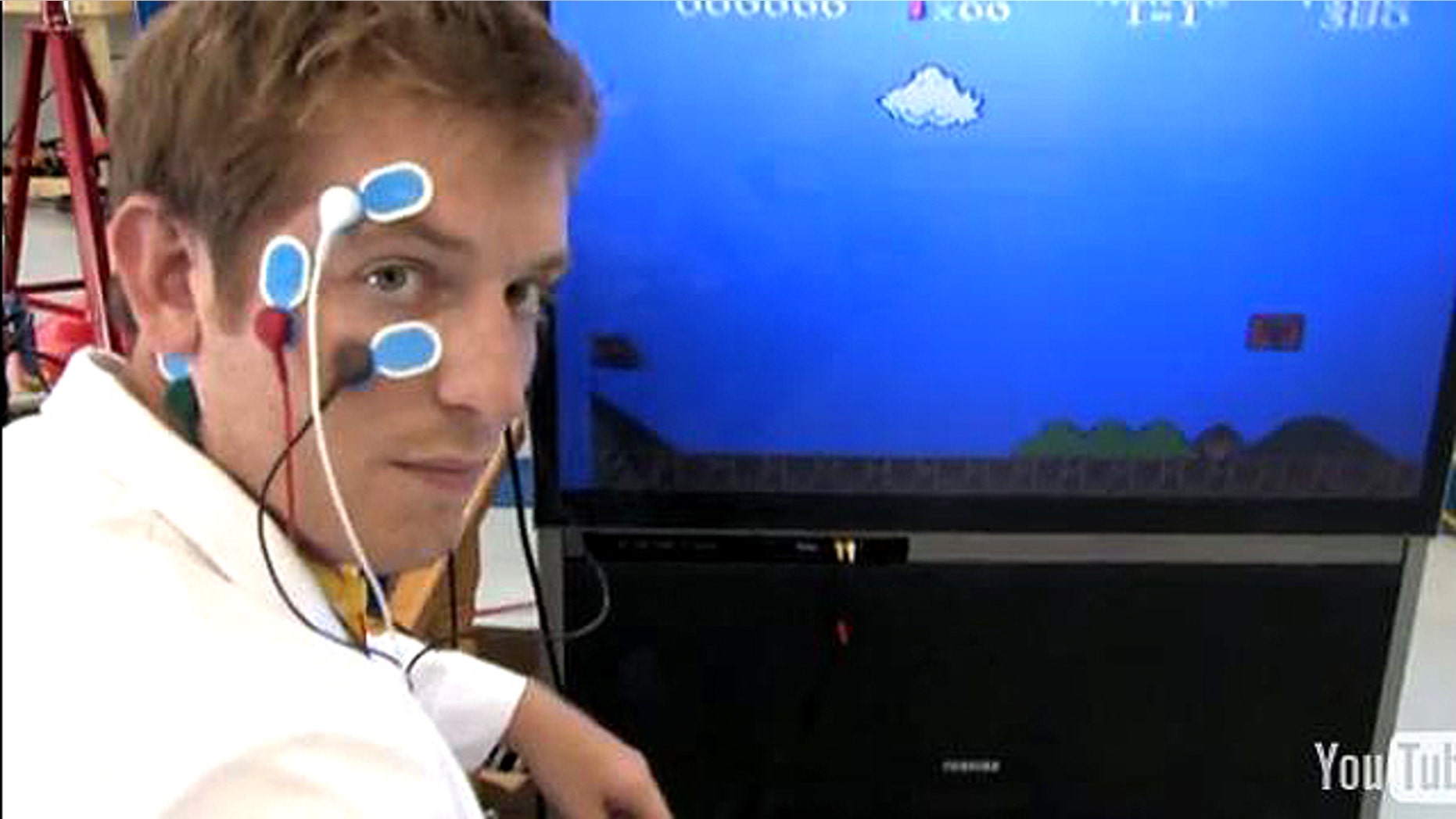 Electrodes on the skin measure electrical conductivity, and allow this system from Waterloo Labs to control Mario with just a movement of the eyes.