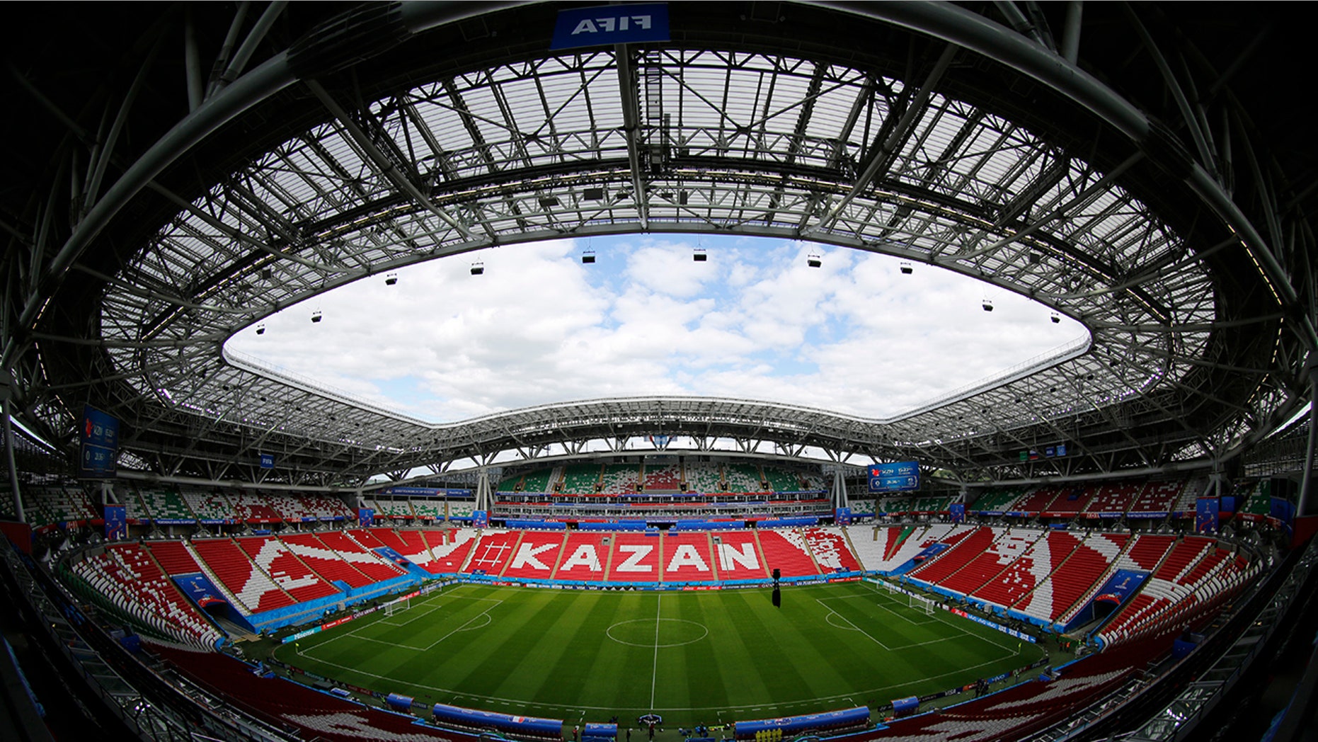 A general view shows the Kazan Arena before the Australia's official training for the group C match between France and Australia at the 2018 soccer World Cup in the Kazan Arena in Kazan, Russia, Friday, June 15, 2018. (AP Photo/Hassan Ammar)