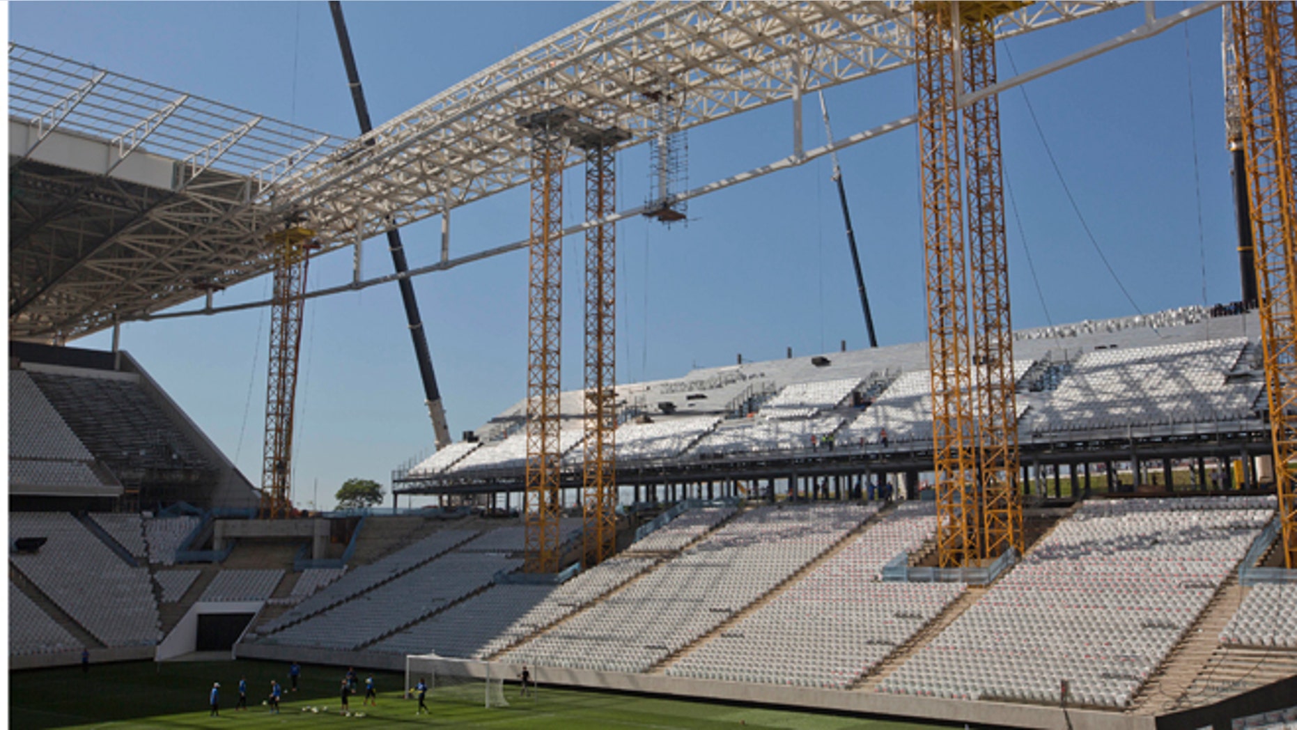 March 15, 2014: In this photo, Brazilian club Corinthians soccer players practice at the Itaquerao stadium in Sao Paulo, Brazil.