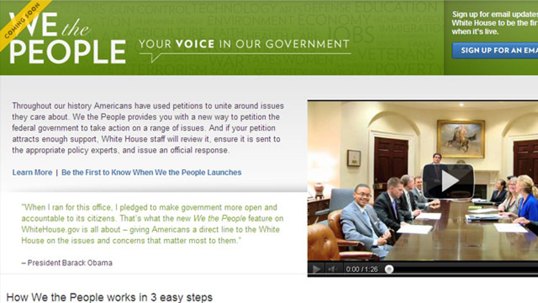 Shown here is the new White House site dedicated to public petitions.